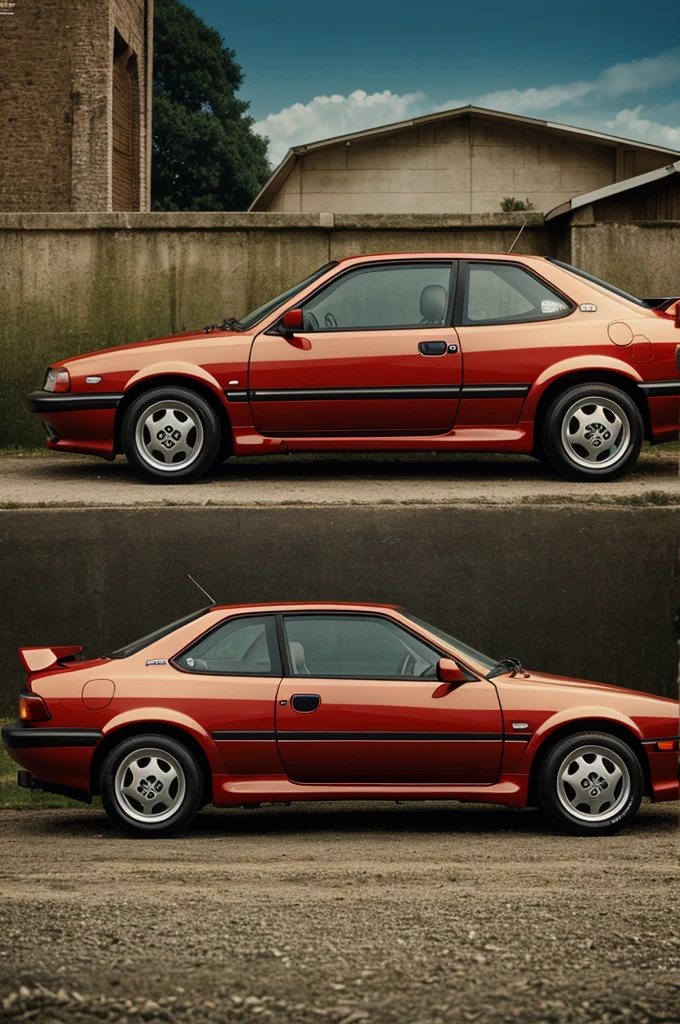 Create an epic vintage y2k image of a mazda 323f 1996 like a poster