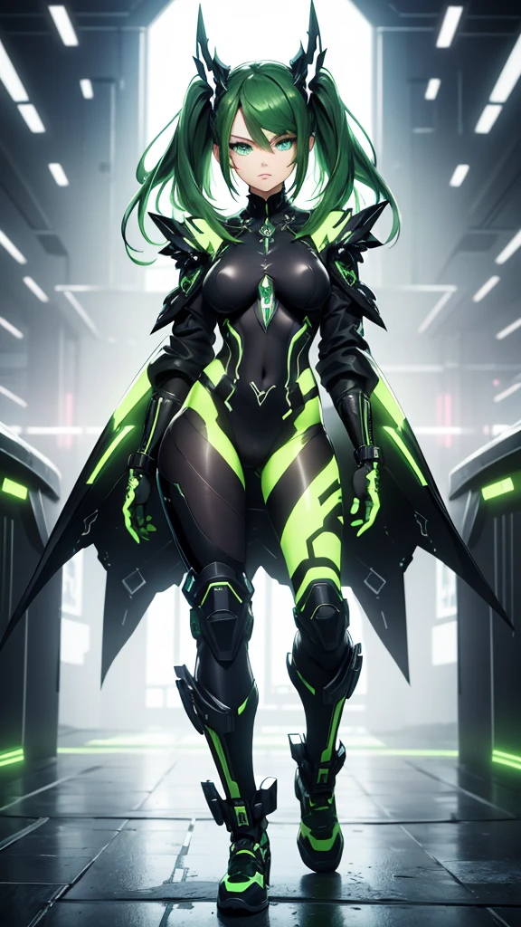 masterpiece, highest quality, (solo focus), (perfect face:1.1), (full body), (high detail:1.1), (hyper detailed eyes), dramatic, a woman with paleskin and long dark green hair, green eyes, solo, arrogant expression, neon cyberneticoutfit, white background, art by artgerm, cinematic lighting, fashion, BalenciagaStyle
