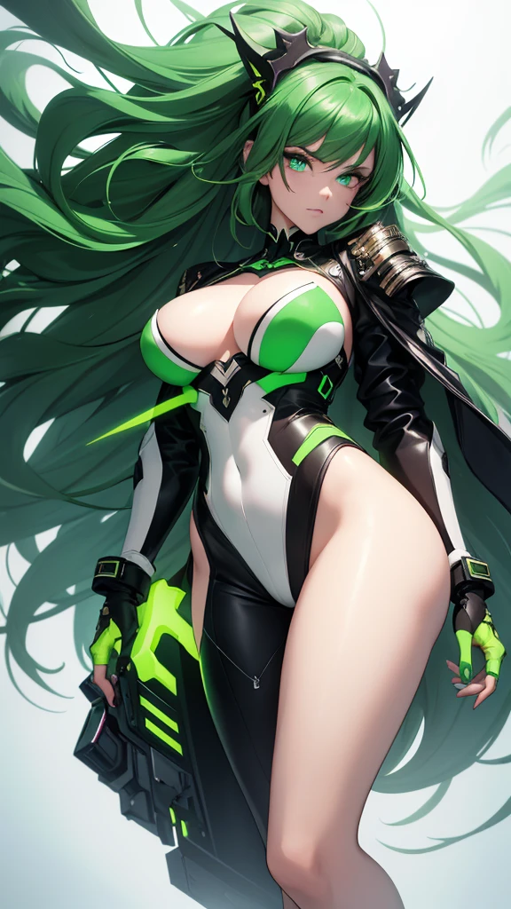 masterpiece, highest quality, (solo focus), (perfect face:1.1), (full body), (high detail:1.1), (hyper detailed eyes), dramatic, a woman with paleskin and long dark green hair, green eyes, solo, arrogant expression, neon cyberneticoutfit, white background, art by artgerm, cinematic lighting, fashion, BalenciagaStyle