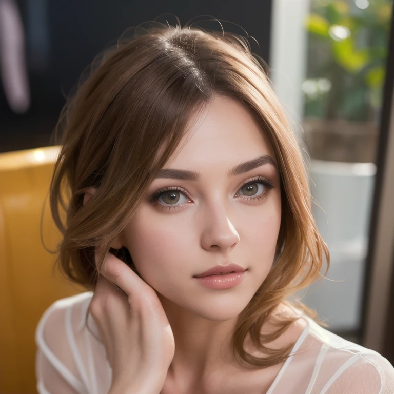 a pretty woman, dressed in white sheer shirt, full body portrait, nice perfect face, hyper realistic concept, 8k resolution, photography quality, posing for a photo, photo realistic,