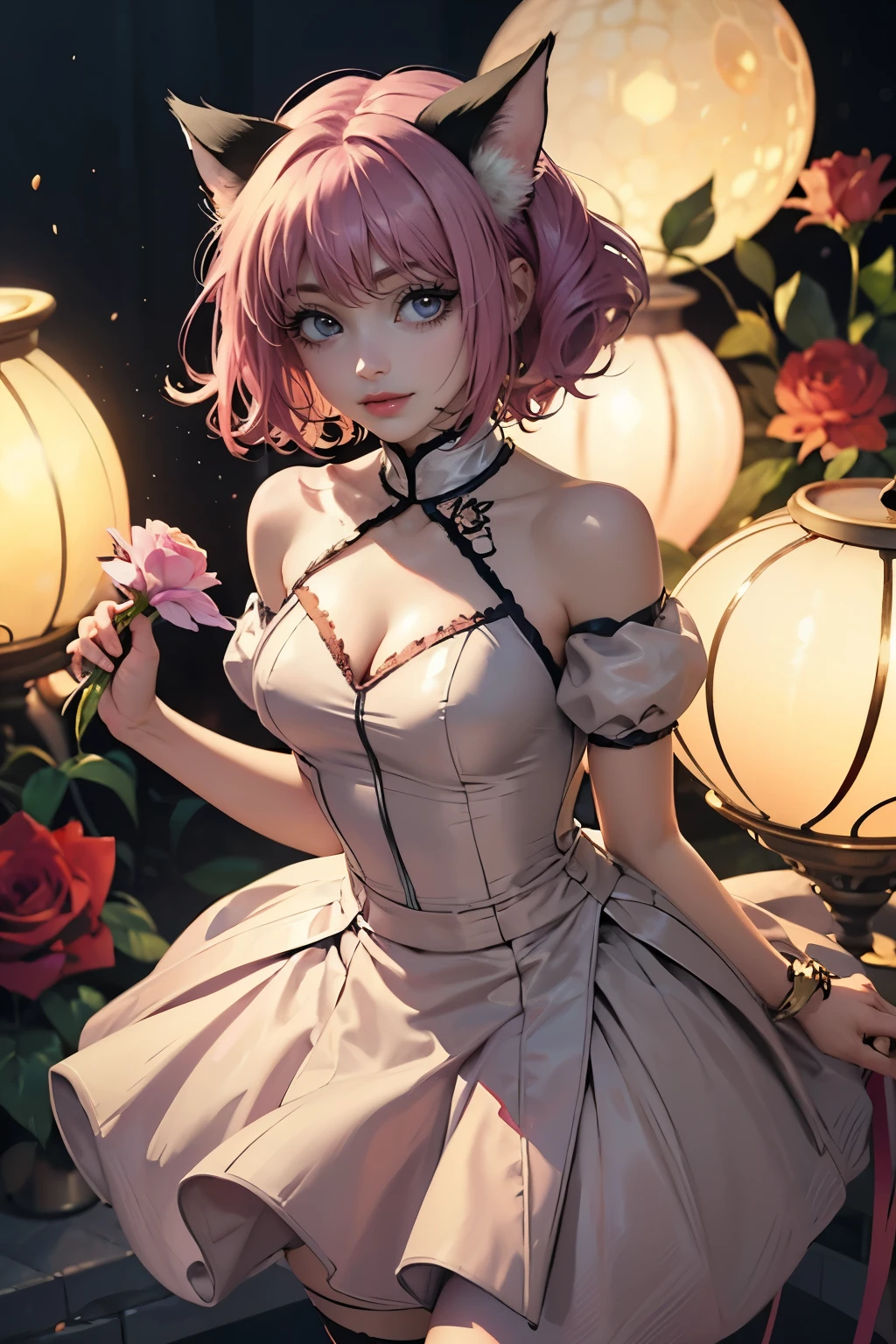 Ichigo Momomiya, Tokyo Mew Mew, short hair, pink hair, ornament hair, cat ears, perfectly body, perfectly hands, flowing hair, maid, maid dress, maid headdress, maid apron, white apron, holding a lantern, Chinese lantern, shrine scenery, red roses on focus, gold lantern, Chinese style, Chinese maid dress, marsala dress, more details on her clothes, black dress with transparency, golden details, night, smiling, ((4k, masterpiece, top-quality)),8k, best quality, high resolution, HD, (illustration:0.8), super cute girl, delicate and beautiful face, mature girl, super cute hairstyle, (beautiful detailed eyes:1.6), extremely detailed face, perfect lighting, extremely detailed CG, (perfect hands, perfect anatomy), Best quality, cleavage, small skirt, full Body, two arms, two legs, two hands, five fingers