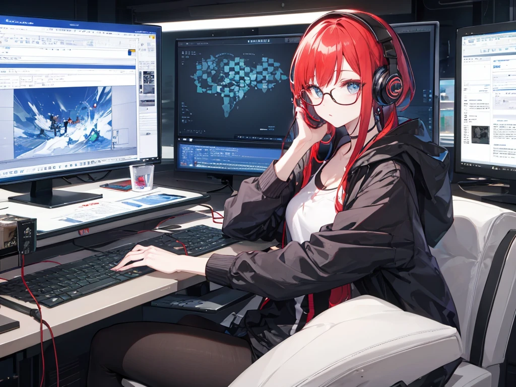A thin man wearing glasses is using a PC、A redhead woman is relaxing with headphones on next to a computer screen playing online chess.