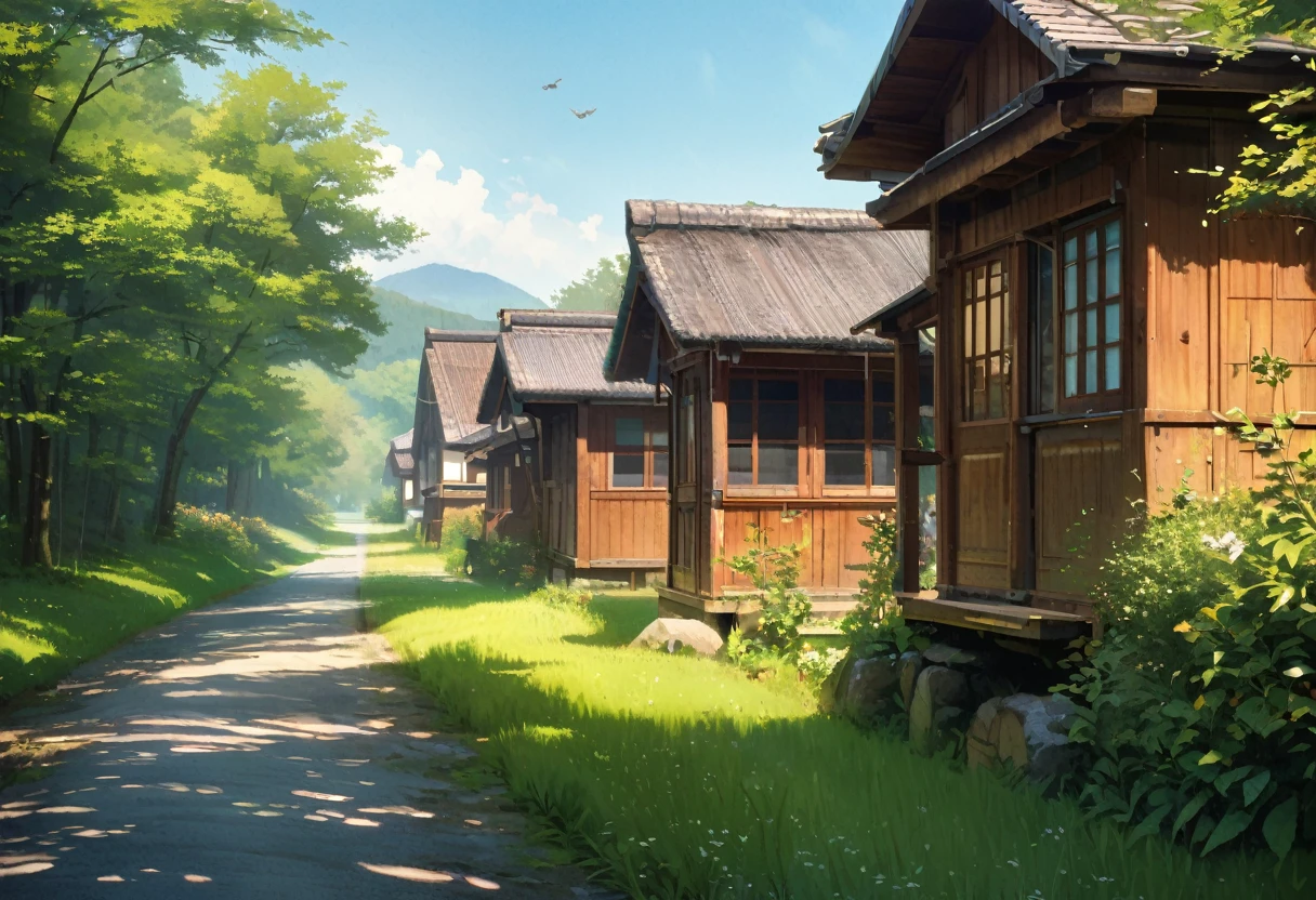 Serene countryside, midsummer, cicadas chirping, lush green fields, rustic wooden houses, clear blue sky, bright sunlight, gentle breeze, peaceful atmosphere, nostalgic, rural Japan, traditional, detailed, vibrant colors, realistic, high definition, landscape photography