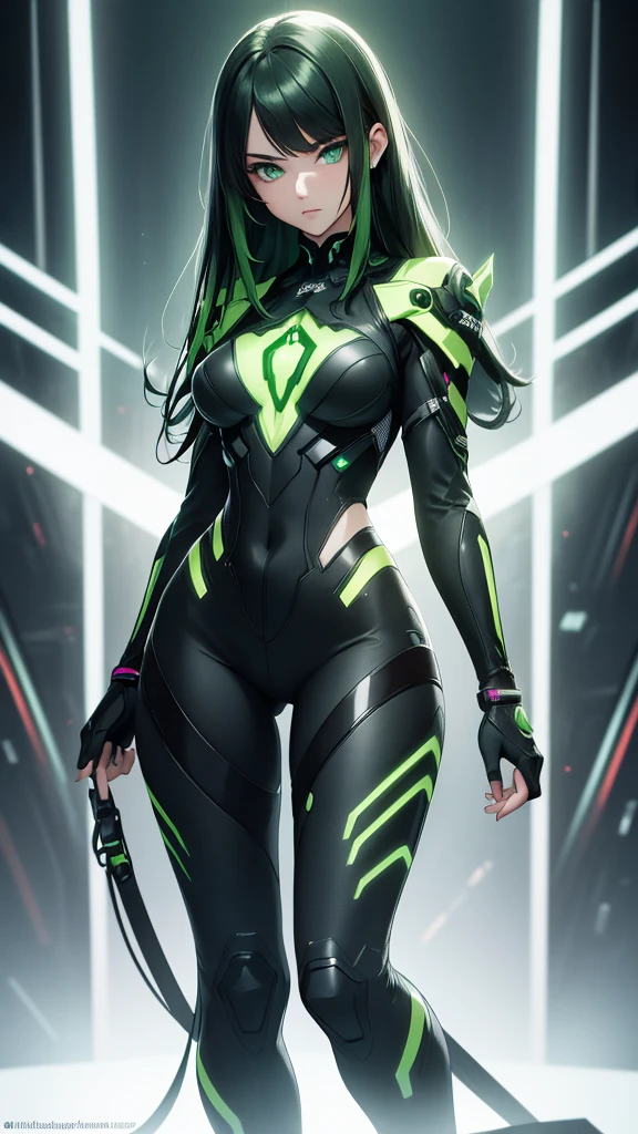 masterpiece, highest quality, (solo focus), (perfect face:1.1), (full body), (high detail:1.1), (hyper detailed eyes), dramatic, a woman with paleskin and long dark green hair, green eyes, solo, arrogant expression, neon cyberneticoutfit, white background, art by artgerm, cinematic lighting, fashion, BalenciagaStyle