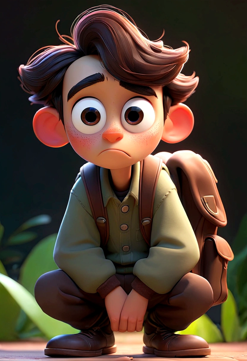 "A Pixar-style teenager character named Inseguro, shy with a hunched posture, wearing simple clothes, and looking at the ground. He is always hiding behind something, like a backpack."