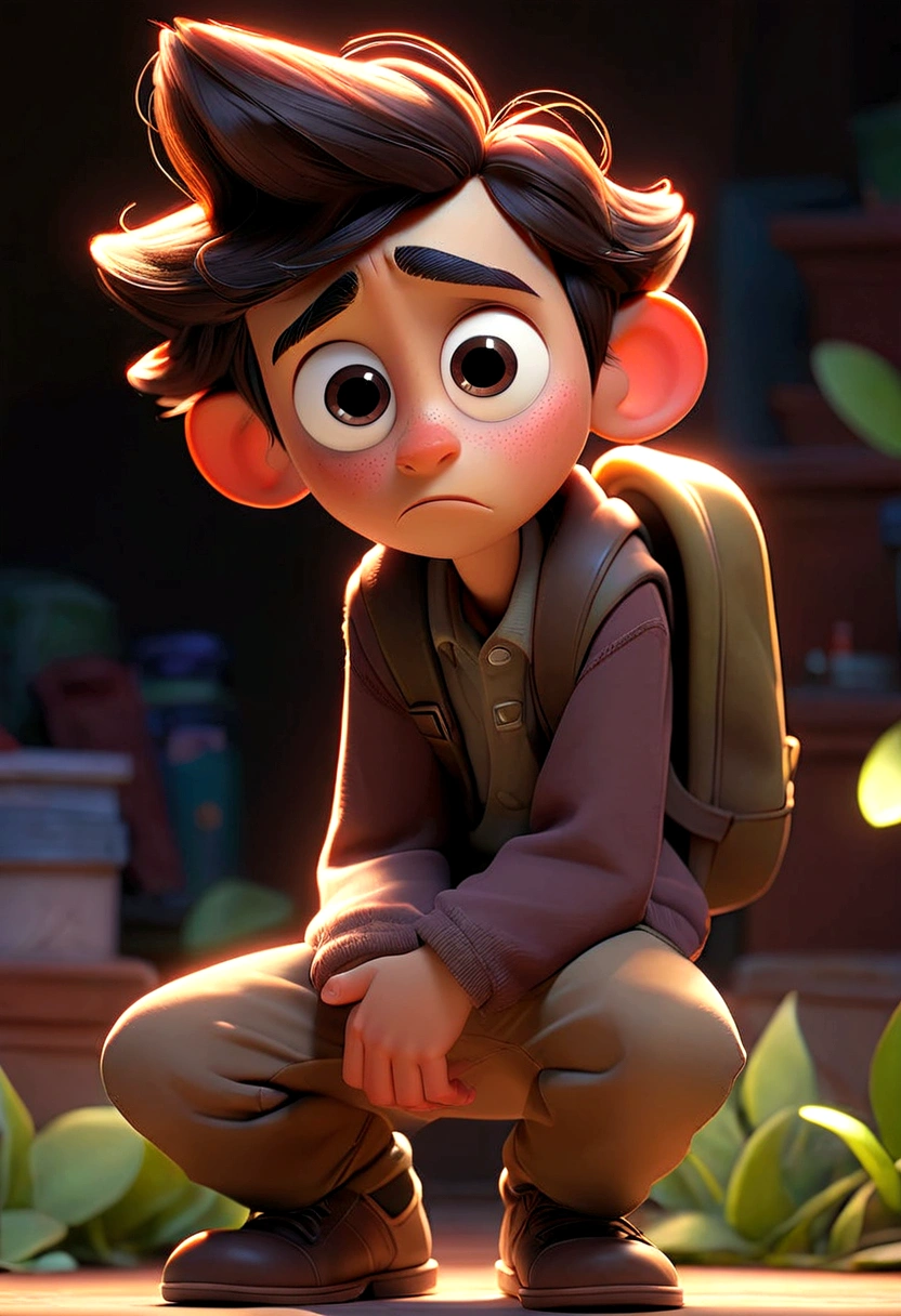"A Pixar-style ager character named Inseguro, shy with a hunched posture, wearing simple clothes, and looking at the ground. He is always hiding behind something, like a backpack."
