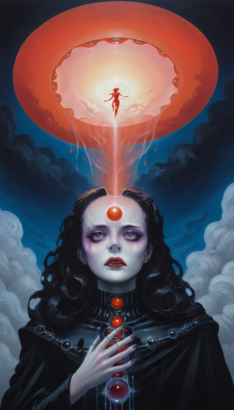 High Resolution, High Quality , Masterpiece .Hyper-realistic ink drawing with surreal colors, elements of absurdity in the style of Gerald Brom featuring post mortems aflame as a reference to tim Burton,bloodletting, broken hearts, pillls, and hemoglobin bubbles ascending into a firie sky, chiaroscuro lighting enhancing symbols of departed love, a Ufo adorned with angels emitting an air of melancholy, atmospheric mood. Macabre horror,scary stories slight details, surrealism, expressionism 
