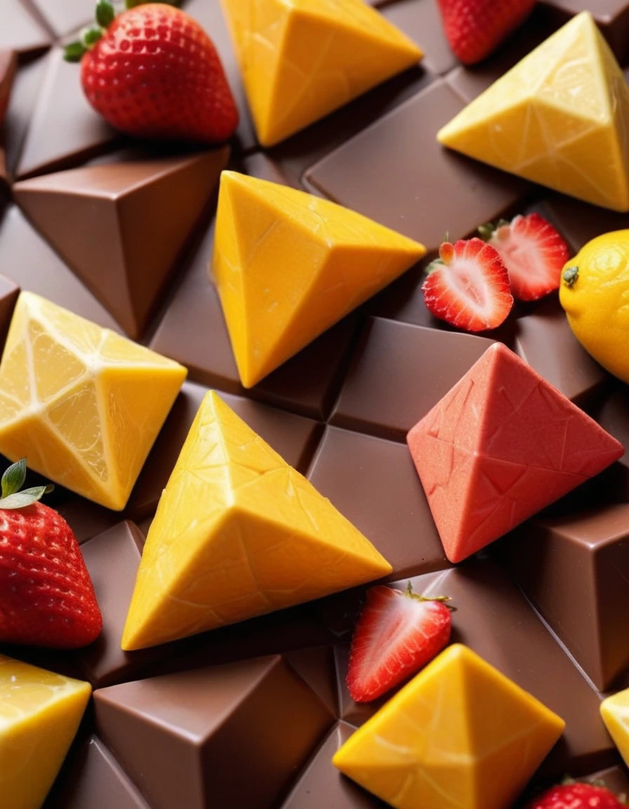 (irregular pattern with squares pentacles and triangles on a white background, chocolate brown and mango orange and strawberry red and lemon yellow colors cheme), closeup, macroscopic photo, hyperdetalization, hyperrealism, beautiful foreshortening, cinematic, glow, reflexes, illuminated ((dominant three colors))