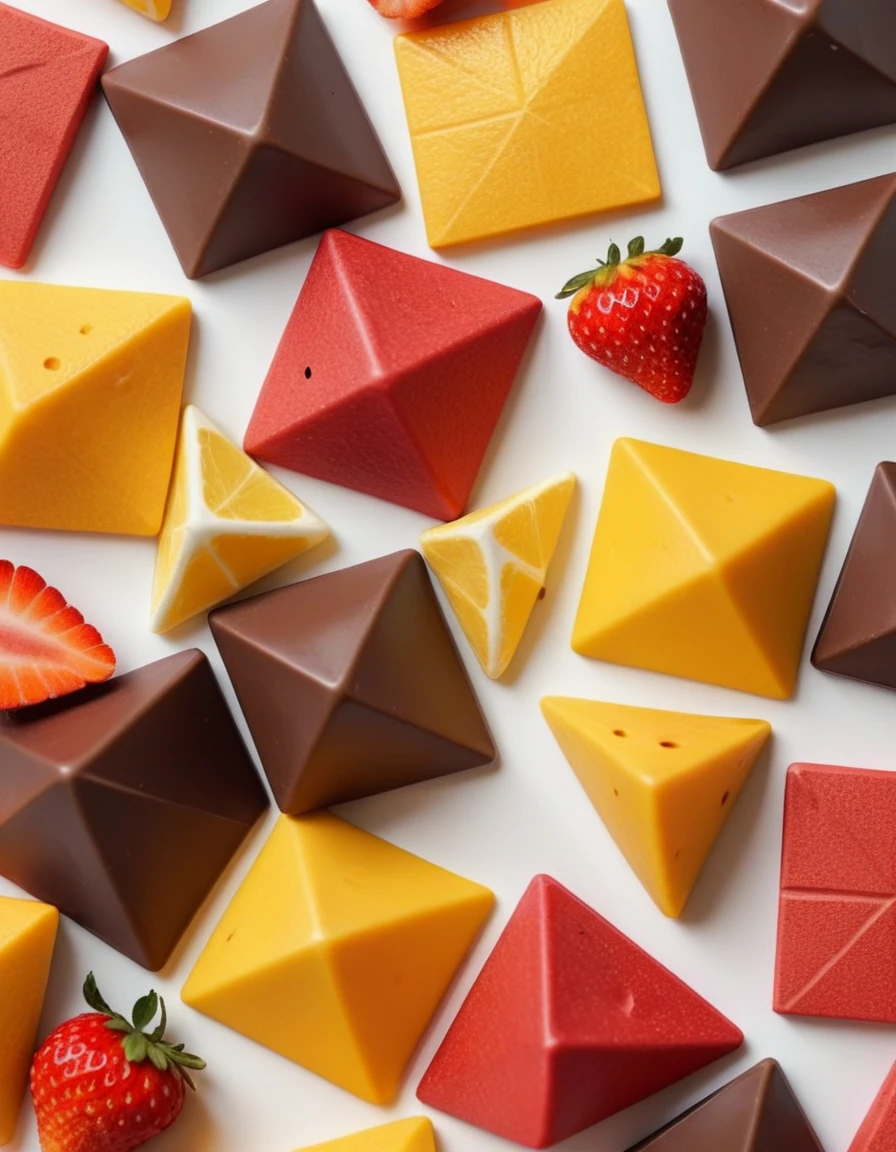 (irregular pattern with squares pentacles and triangles on a white background, chocolate brown and mango orange and strawberry red and lemon yellow colors cheme), closeup, macroscopic photo, hyperdetalization, hyperrealism, beautiful foreshortening, cinematic, glow, reflexes, illuminated ((dominant three colors))
