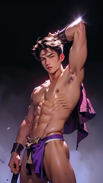 (extremely detailed 8k wallpaper), a medium shot shot of a young male model, Epic hero, fantasy, dynamic pose, martial arts, katana, small loincloth, purple ruby ​​flares, shiny skin, Carrying a girl slung over his shoulder
