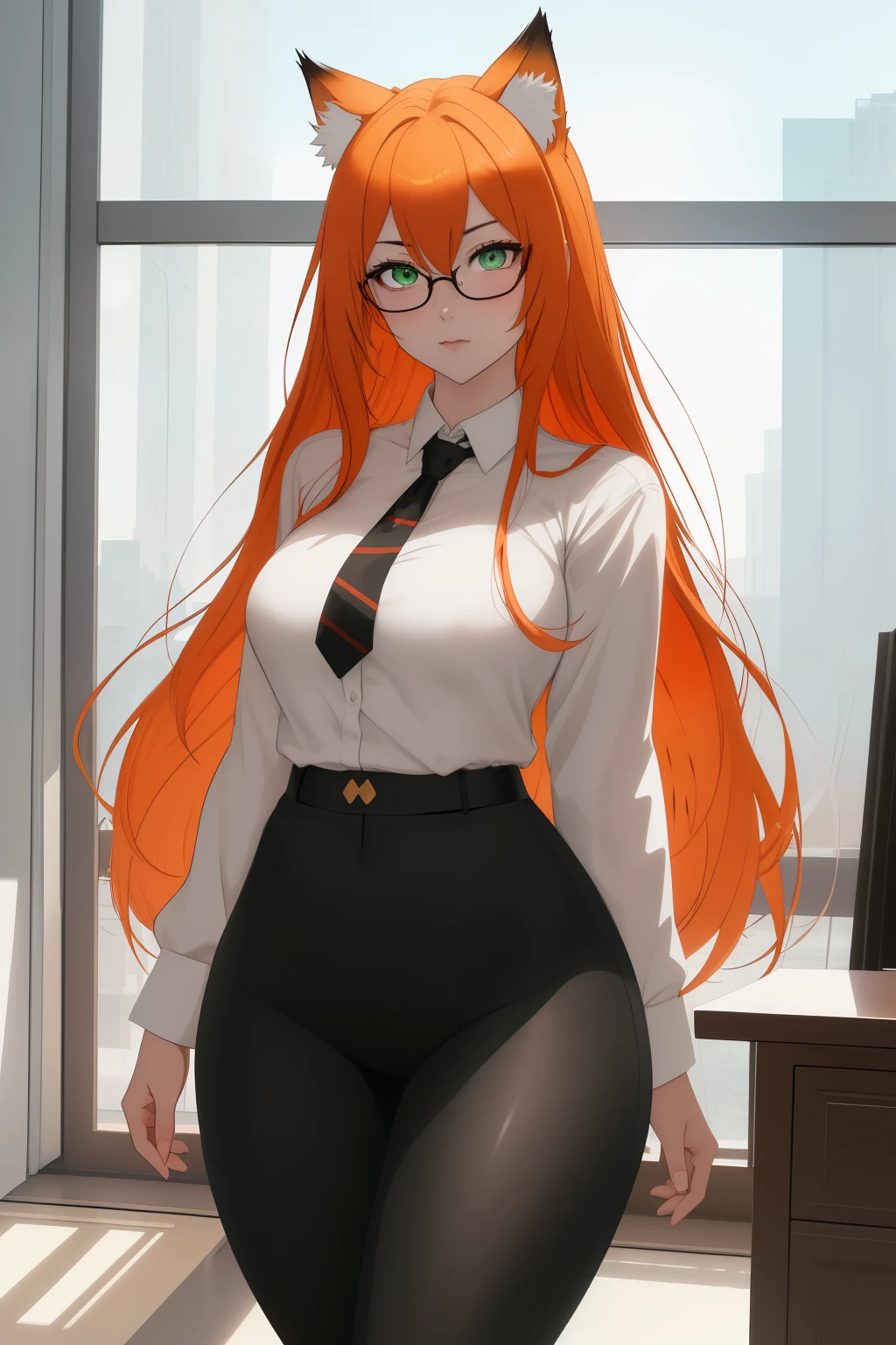 (masterpiece, Best quality), 8K, ultra detailed, realistic photo, Detailed face, perfect lighting, green eyes, bright orange hair, bright hair, fox ears, nice legs, side photo, beautiful, Cute, skin pores, 1 girl, perfect shirt, fully dressed, beautiful women 30 years old, Beautiful proportions, Russian woman, Caucasian, European, Business lady, stunningly beautiful woman, mother, thick legs, show ass, big breasts, (Thin white shirt:1.4), thick, hot, (White Office Wear:1.4), tight pants, (wide hips:1.2), thick, (white Office pants:1.3), spread your legs, Legs open, full length, wide hips, Glasses, with long orange hair, standing on the beach near the ocean, green eyes detailed digital anime art, cat ear, anime girl with long hair, гладкое аниме cg art, anime girl with long hair, digital anime art, work in Guweiz style, Beautiful anime portrait, Photorealistic render of an anime girl, pantyhose, Beautiful anime girl, advanced digital anime art, guweiz на artstation pixiv HD UHD HQ
