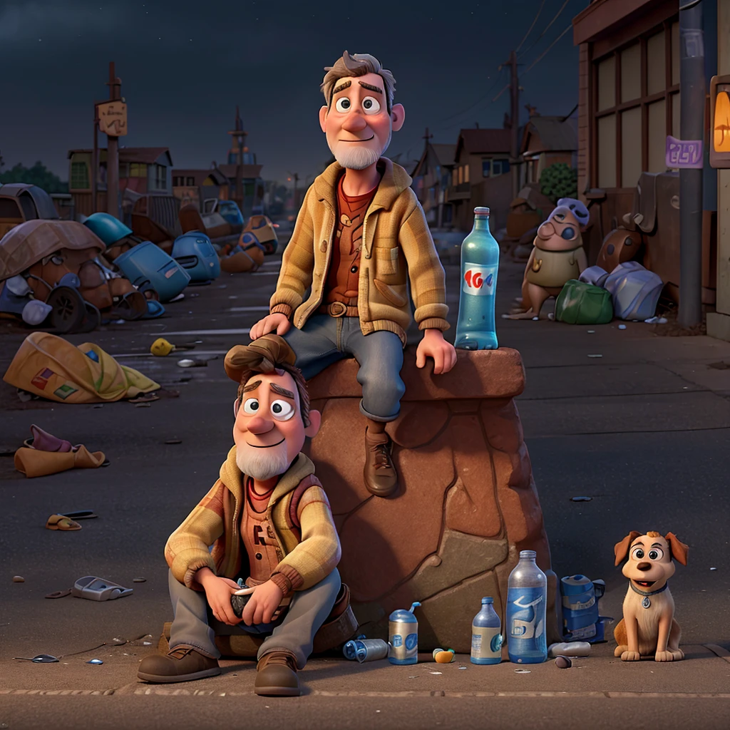 ((Best quality)), ((pixar animation)), (detailed), a dirty homeless person, sitting on a sidewalk with old clothes, with a bottle of drink in his hand, and a dog lying next to him, on a deserted street, rainy night, with rays, only one man, dark street