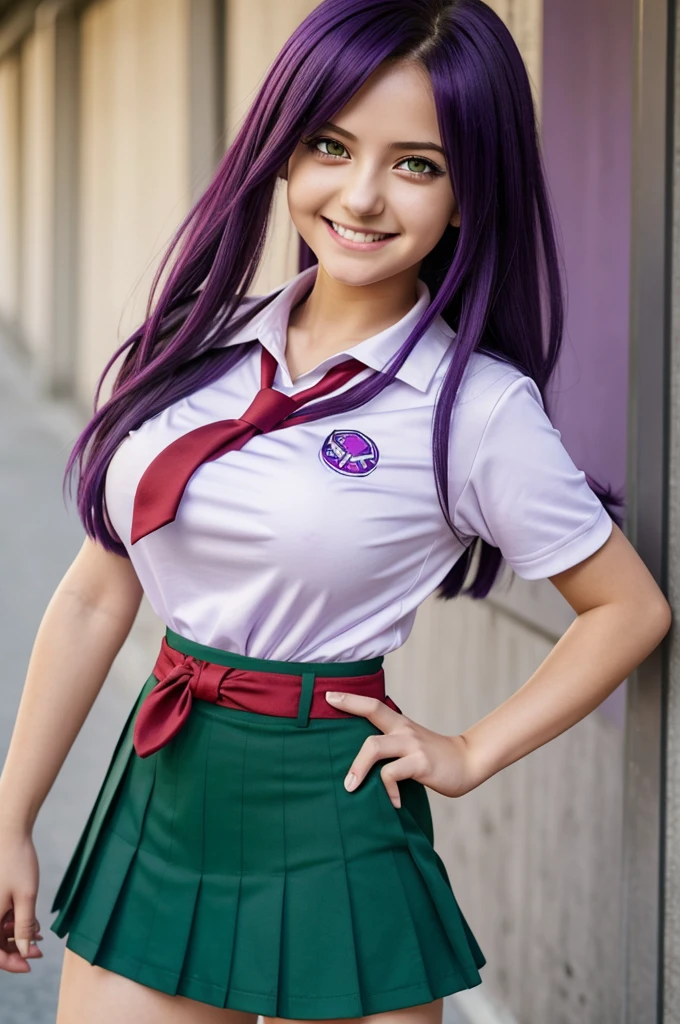 1 girl, anime, dark purple hair, purple eyeballs, SMILE, With Uniform (white short sleeve t-shirt, red tie, short green skirt) big breasts, long loose hair, slanted eyes, Waist and hip, school background (bnha uniform) yashami amajiki