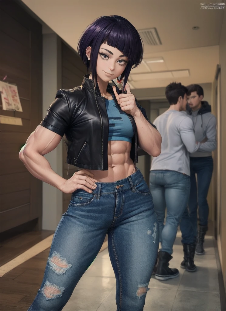 ((best quality)), ((muito detalhado)), ​masterpiece, most absurd, (detailled eyes, deep eyes), (((1 girl))), Perspective distortion, contrasted, Stand, ((legs auseinander)), crossed arms, Cowboy-shot, from bottom, Viewers look at, jirou2, purple hair, shorth hair, bangs, black eyes, long earlobes, small breasts, smiling, (Facial spots), neck ribbon, rotes Shirt, , leather jacket, black jacket, open jacket, white fingerless gloves, ((Lange Jeans Hose)), boots, (indoors, in a hall), ((Bodybuilder)), ((((extremely muscular)))), young woman, Muscular, legs ,  Muscular Arme,  Muscularr Oberkörper,  Muscular Bauchmuskeln 