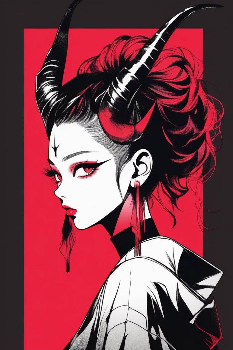 (Highest quality:0.8), (Highest quality:0.8), Perfect illustration((masterpiece, Highest quality)), Realistic,Illustrator,anime,One with horns, Detailed lips,custom, Black and red gradient background,Neon Hair,Texture Cropping, masterpiece, Style: Retro Classic, Black Style , Japanese style, whole body ((Monochrome))
