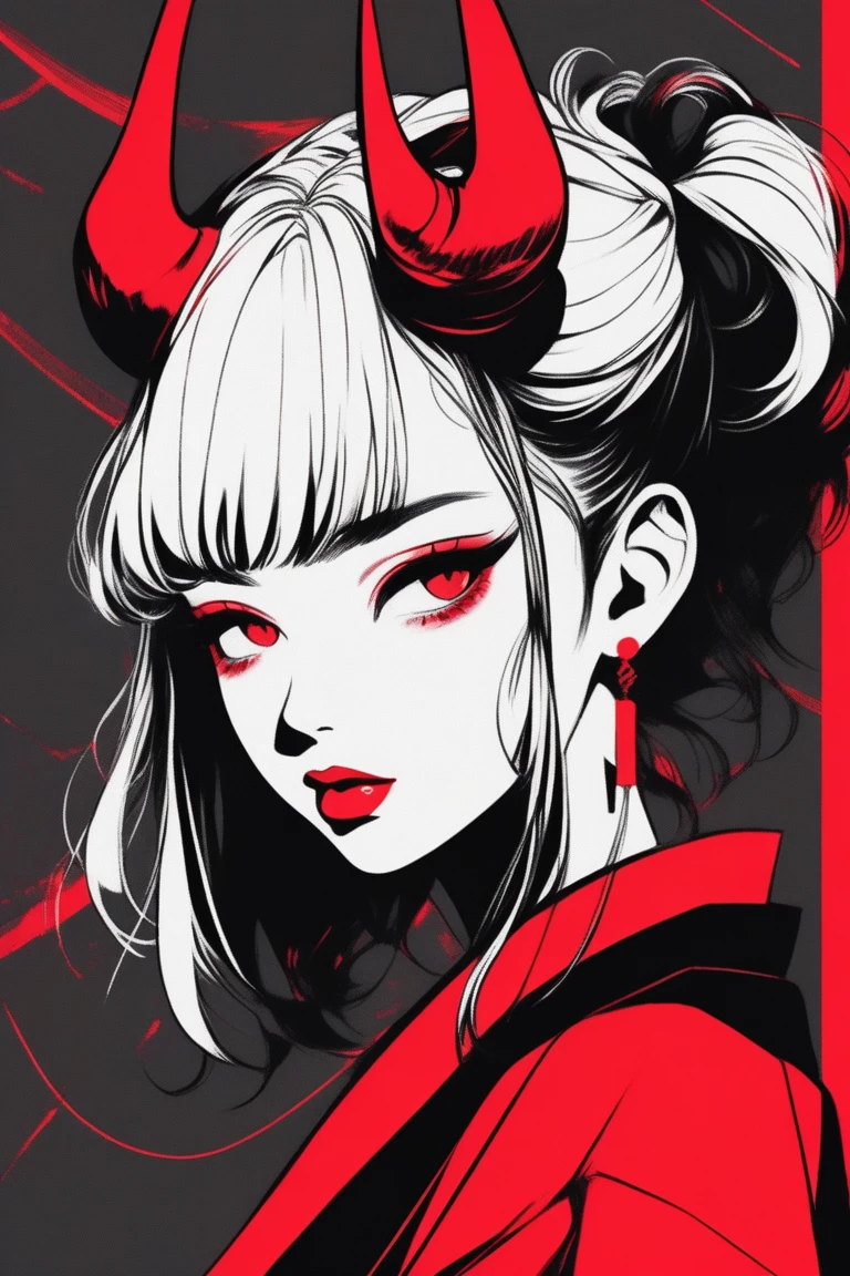 (best quality, sketch:1.2),realistic,illustrator,anime,1 girl with horns, detailed lips,custom, black and red gradient background,neon hair,textured cropping, masterpiece, style retro classic, noir style , Japanese style, ((monochrome))