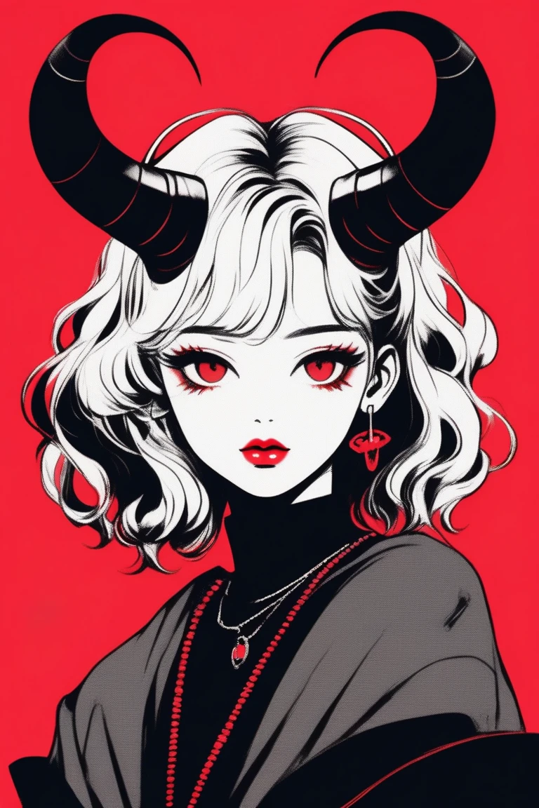 (best quality, sketch:1.2),realistic,illustrator,anime,1 girl with horns, detailed lips,custom, black and red gradient background,neon hair,textured cropping, masterpiece, style retro classic, noir style , Japanese style, ((monochrome))