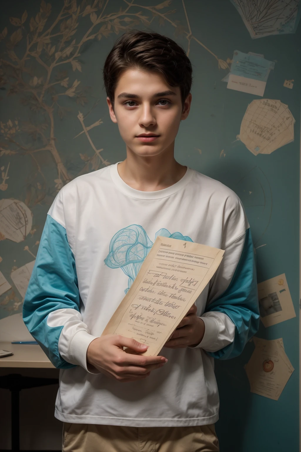 A beautiful young male twink, cute, with black hair, a face with reddish make-up, wearing a bright white long-sleeved shirt and aqua blue pants. He is in his office, and behind him is a blackboard on which is written the shape of the brain and its anatomy, from which nuclear energy emerges, and in his hand is a paper sheet with manuscripts on it. The phrase “The Greatest Mind.”