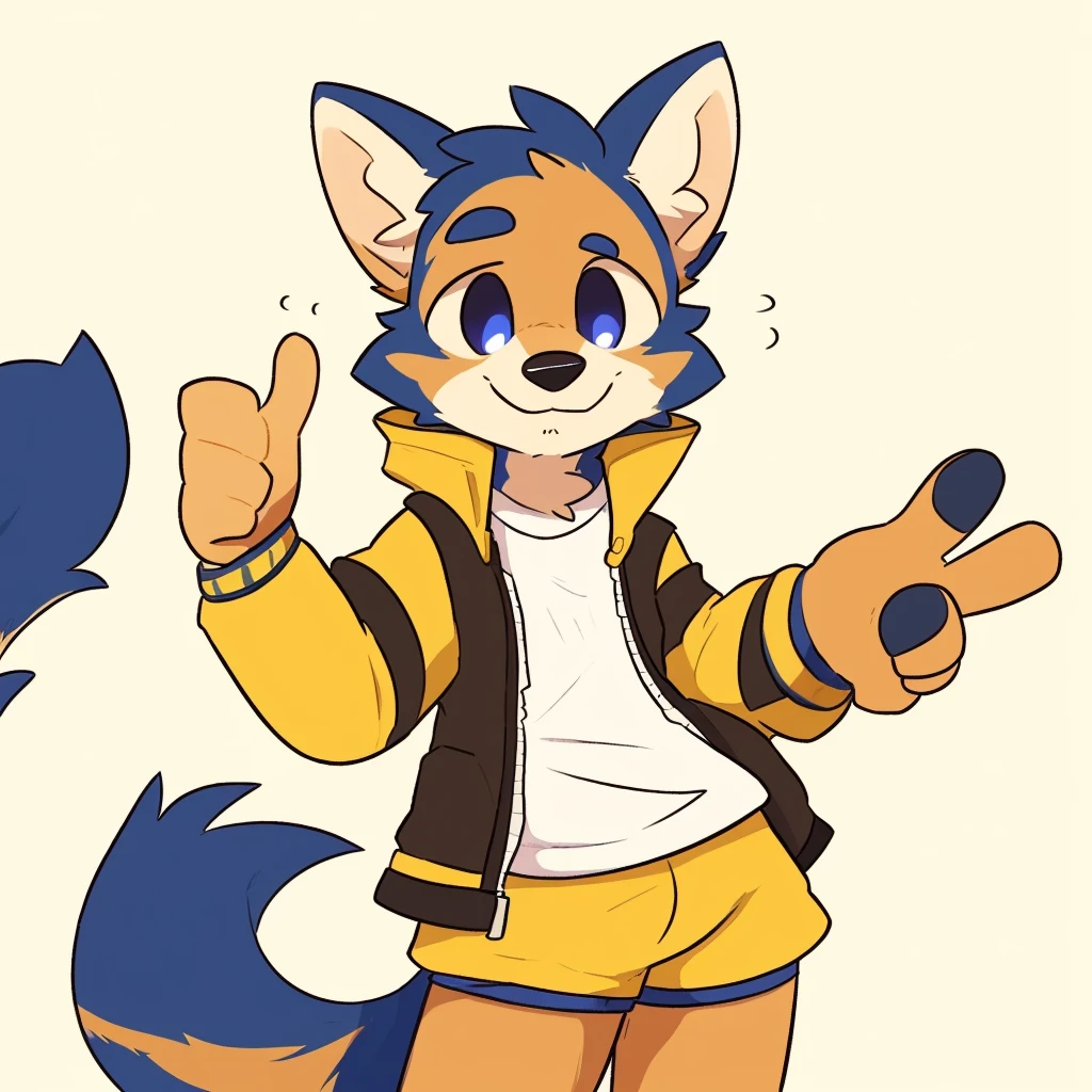 by @k_M_art__, by dasagi, by itihi3 イチヒ(Ichihi), by donkeyramen, by Kilinah, jacket, furry boy, toddler, solo, shota, black-backed jackal furry, shaggy tail, fluffy curlied tail, focus, closed up, thumbs up, white and yellow background