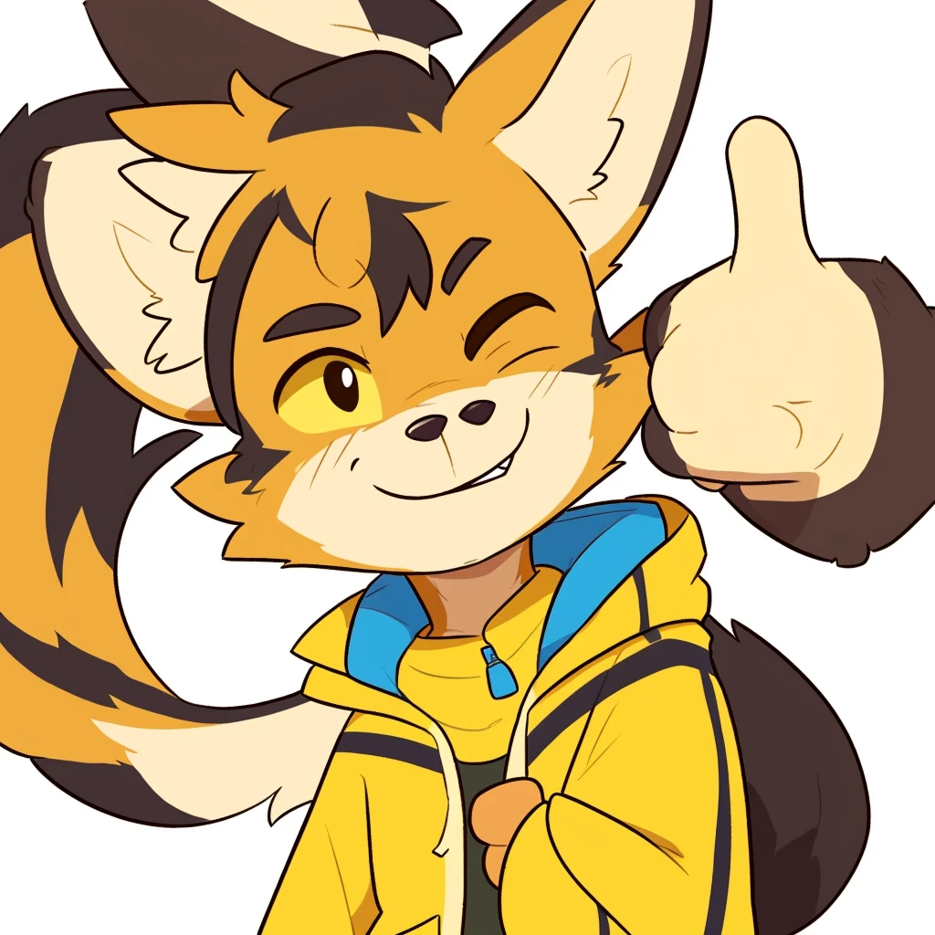 by @k_M_art__, by dasagi, by itihi3 イチヒ(Ichihi), by donkeyramen, by Kilinah, jacket, furry boy, toddler, solo, shota, black-backed jackal furry, shaggy tail, fluffy curlied tail, focus, closed up, thumbs up, white and yellow background