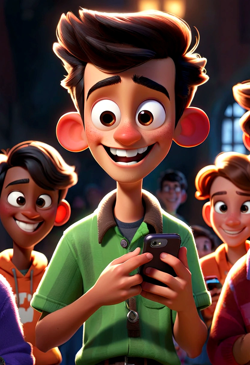 "A Pixar-style ager character named Eufórico, always smiling, wearing vibrant clothes, and holding a smartphone. He is surrounded by friends, all laughing and having fun."