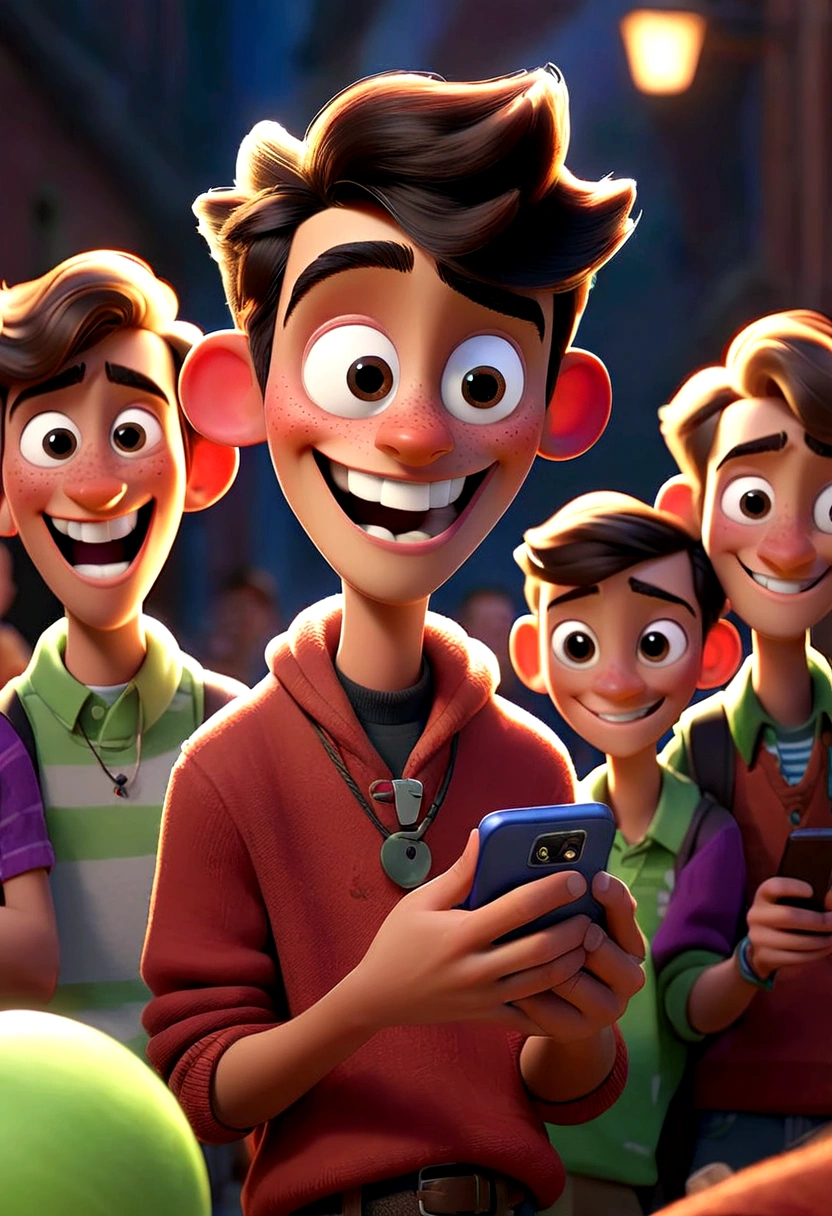 "A Pixar-style ager character named Eufórico, always smiling, wearing vibrant clothes, and holding a smartphone. He is surrounded by friends, all laughing and having fun."
