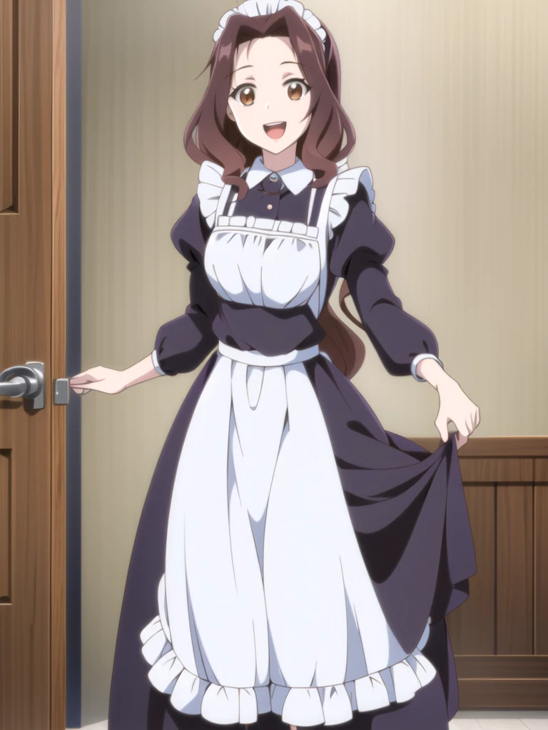 ((Best quality))), ((Ultra-detailed)), ((illustration)), ((Disheveled hair)), ((frilld)), (1 girl), (Solo),
1girl, lifted_by_self, looking_at_viewer, open_mouth, solo, rating:safe, apron, black_footwear, black_shoes, clothes_pull, clothing, :d, female, footwear, legwear, long_hair, maid, maid_apron, makaria, open-mouth_smile, puffy_sleeves, shoes, skirt, skirt_hold, skirt_lift, skirt_pull, maid_skirt, smile, standing, white_legwear
brown hair,brown_eyes,