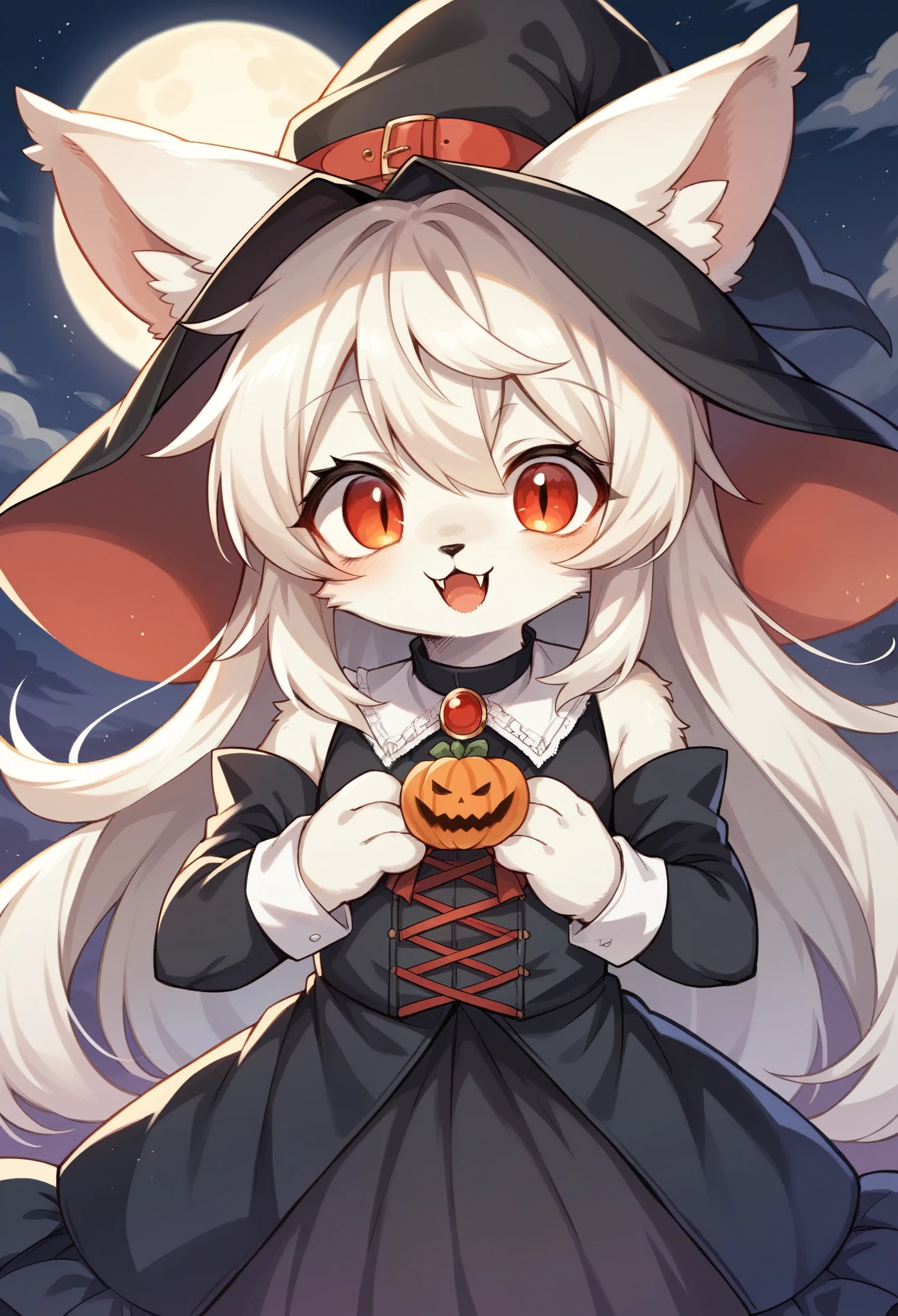 (epic, dynamic angle)top quality, best quality, High-quality illustrations, masterpiece, While creating a Halloween atmosphere, vampire with furry elements, (kemono, super cute girl, solo focus)(furry anthro)(highly detailed beautiful face and eyes)absurdres, perfect anatomy, Scene of a red full moon with a strong horror color,