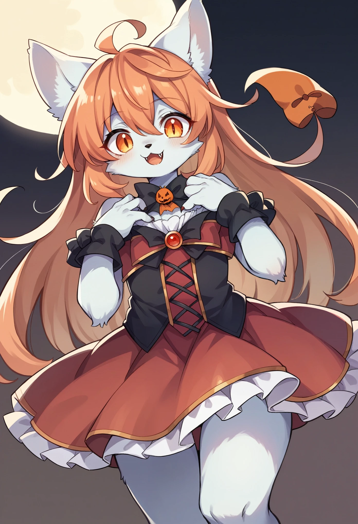 (epic, dynamic angle)top quality, best quality, High-quality illustrations, masterpiece, While creating a Halloween atmosphere, vampire with furry elements, (kemono, super cute girl, solo focus)(furry anthro)(highly detailed beautiful face and eyes)absurdres, perfect anatomy, Scene of a red full moon with a strong horror color,