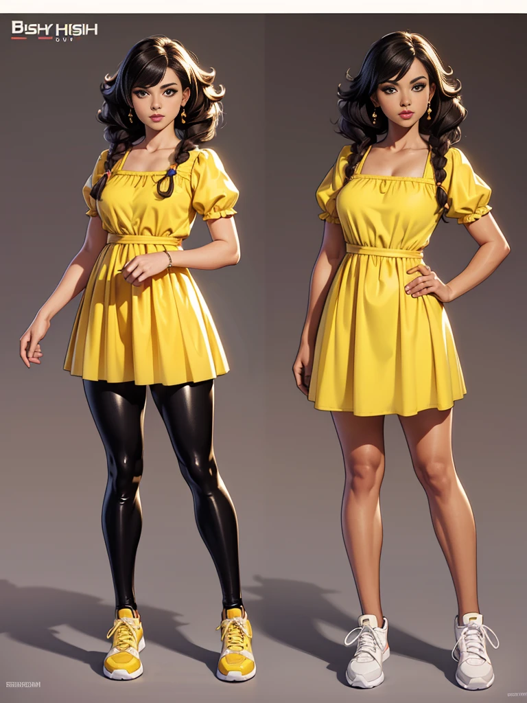 ((best quality)), ((4k)), ((highres)), ((masterpiece:1.2)). ((detailed)), ((ultra realistic)), ((intricate details)), ((full body picture)), ((character design sheet)), ((blank background)), ((standing in a blank background)), full body shot of a beautiful black female, ebony beauty, woman, 18 years old girl, dark brown skin, about 5'5 ft. tall, bushy curly black hair, ((bushy curly hair)), long hair, high pigtails, dressed in a yellow babydoll dress, ((EMPHASIS ON HER YELLOW BABYDOLL DRESS)), black SHINY leggings PANTS and sneakers, character concept art, full body, 18 years old female fighter, girly girl, cute girl, girly fighter character concept art