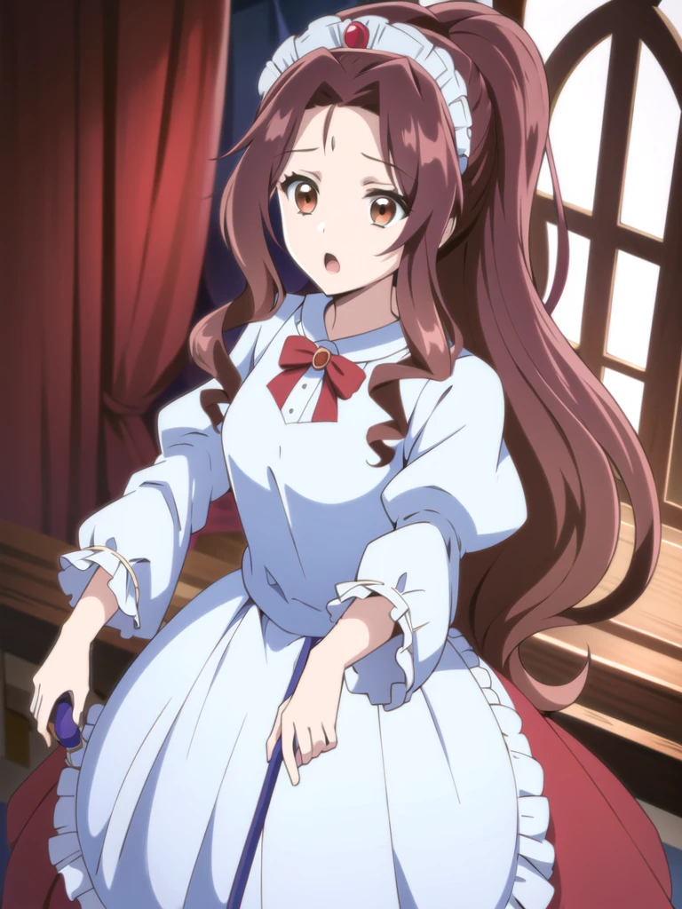((Best quality))), ((Ultra-detailed)), ((illustration)), ((Disheveled hair)), ((frilld)), (1 girl), (Solo),
1girl, holding, looking_at_viewer, open_mouth, solo, rating:safe, black_bow, bow, clothing, crown, dress, female, frilled_dress, frills, hair_flaps, headwear, juliet_sleeves, long_hair, long_sleeves, makaria, :o, puffy_sleeves, red_dress, scepter, standing, wide_sleeves,
brown hair,brown_eyes,