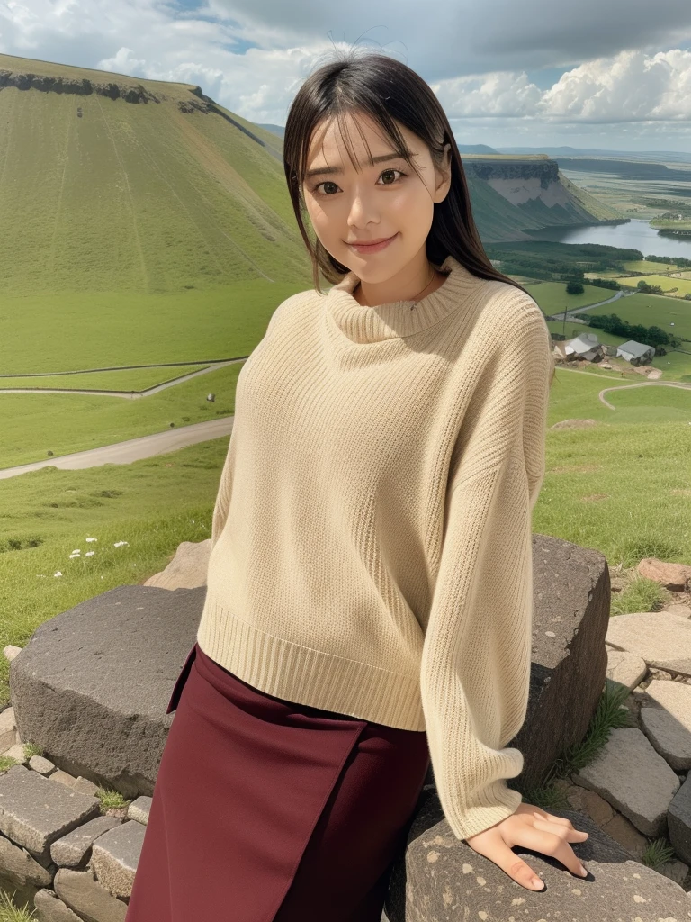 rie,One Woman,(best quality), (ultra detailed), (absolutely resolution),Face is front, 32 years old, Arch your back, Boat neck sweater and mermaid skirt, The color of the dress is burgundy, The pattern on her clothes is hearts, Black Hair, Grassland overlooking the volcanic crater