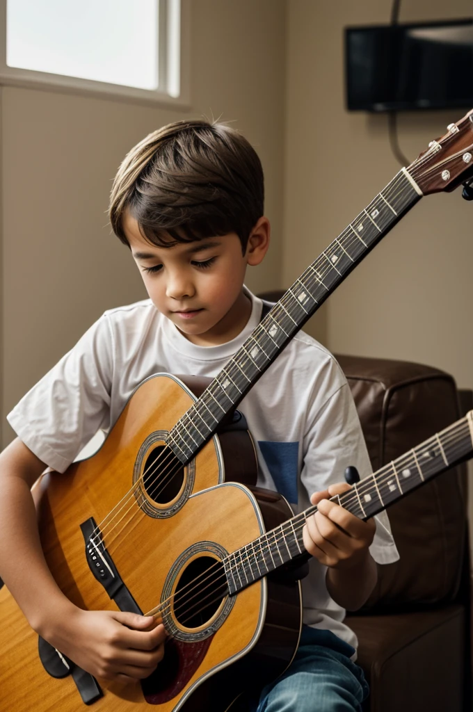 A boy playing the acoustic guitar 