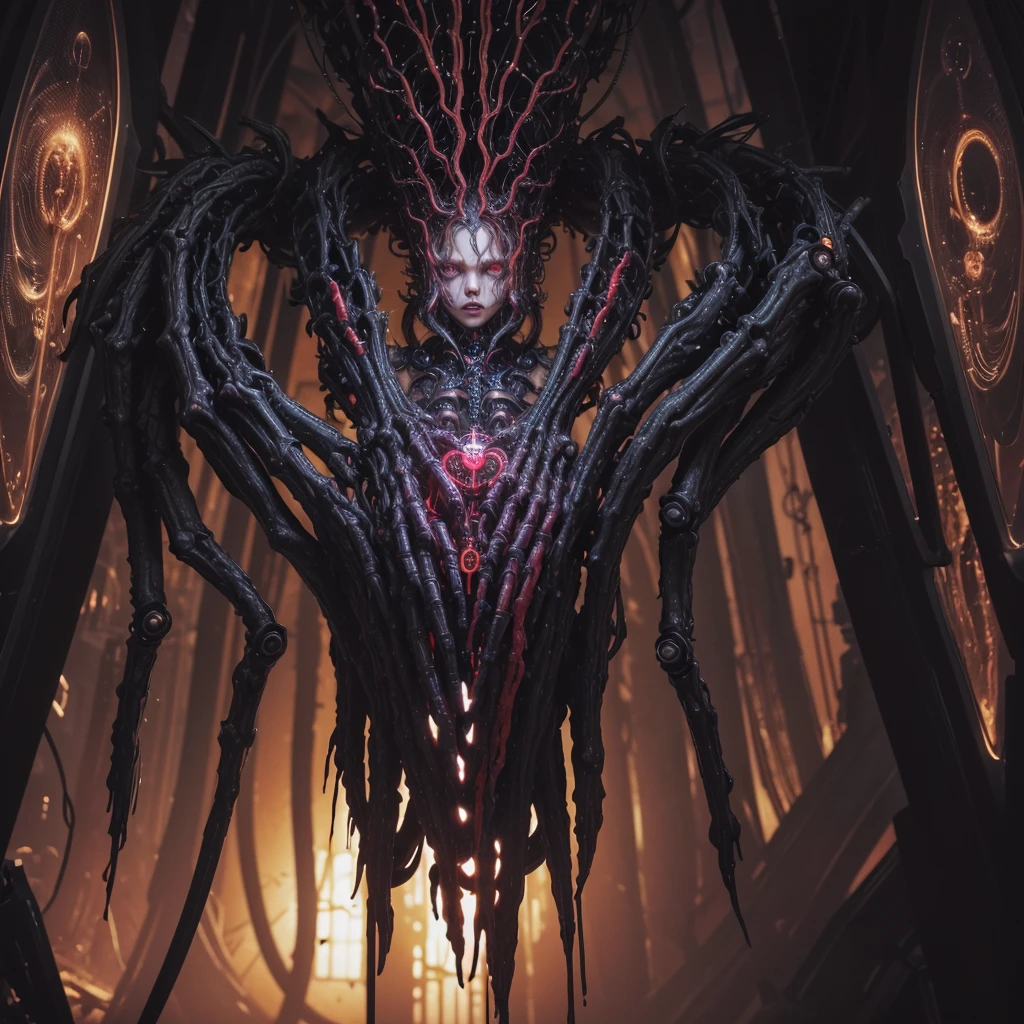 (work of art, best qualityer: 1.2), ultra detaild, higher detail, (body horror: 1.4), (biomachine: 1.3), (bloody: 1.2), living being, (colorfully: 1.2), Satanic, (machine: 1.3), Hans Giger, many hands, (tangle: 1.2), black color scheme