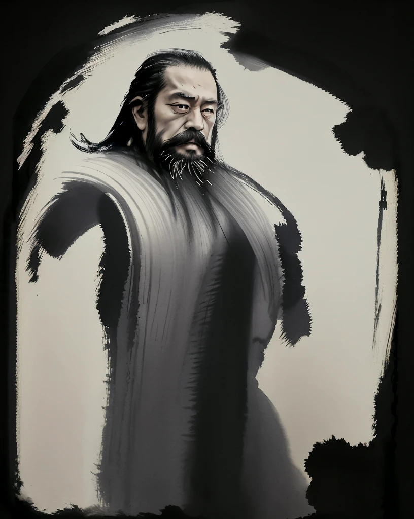 middle-aged asian man, long beard, facial hair, fighting stance, looking at viewer, long hair, floating hair, hanfu, chinese clothes, long sleeves, abstract ink splash, monochrome, ink sketch, hyperrealistic, masterpiece, photo-realistic, 8k, highly detailed, vivid, dramatic lighting, dark moody atmosphere