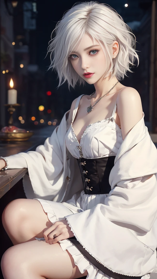 masterpiece, Highest quality, ((1 Female)), (((Completely naked))),Different white colors, Fine eyes and a fine face, Intricate details, Casual black and white attire, window, Laughter, happiness, Kindness, high resolution、Selfie, Beautiful woman、expensive、Small Face, D Cup, Upper body、Sunset, Night Scenery、𝓡𝓸𝓶𝓪𝓷𝓽𝓲𝓬、Korean, Idol Photos, Model Photo, K-Pop, Professional photos, vampire, Black and white Korean fashion, Fedman wearing a necklace, Inspired by Shim Sa-jeong, 両性具有のvampire, :9 detailed face: 8, Very detailed顔, Detailed punk hair, ((Eyes are dead)) Swollen eyes, Fascinating. Very detailed, Semi-realistic anime, vampire, Surreal Teen, Delicate androgynous princess, sheep, ((Short Hair Woman)), A white-haired woman with a wild look, ((Woman with short grey hair)), ((1 person)), Sitting,