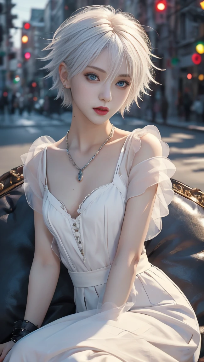 masterpiece, top-quality, ((1womanl)), different white color, finely eye and detailed face, intricate detailes, Casual black and white attire, window, A smile, Happiness, tenderness, high-level image quality、selfee, Beautuful Women、tall、a small face, D-cups, The upper part of the body、nightfall, nighttime scene、𝓡𝓸𝓶𝓪𝓷𝓽𝓲𝓬、Korea person, Idol Photos, Model photo, k pop, Professional Photos, Vampires, Korean fashion in black and white, Fedoman with necklace, inspired by Sim Sa-jeong, androgynous vampire, :9 detailed face: 8, extra detailed face, detailed punk hair, ((eyes are deialed)) baggy eyes, Seductive. Highly detailed, semi realistic anime, Vampires, hyperrealistic teen, Delicate androgynous princess, imvu, ((short hair woman)), white hair woman with wild look, ((Woman with short white hair)), ((1 persons)), sitting,