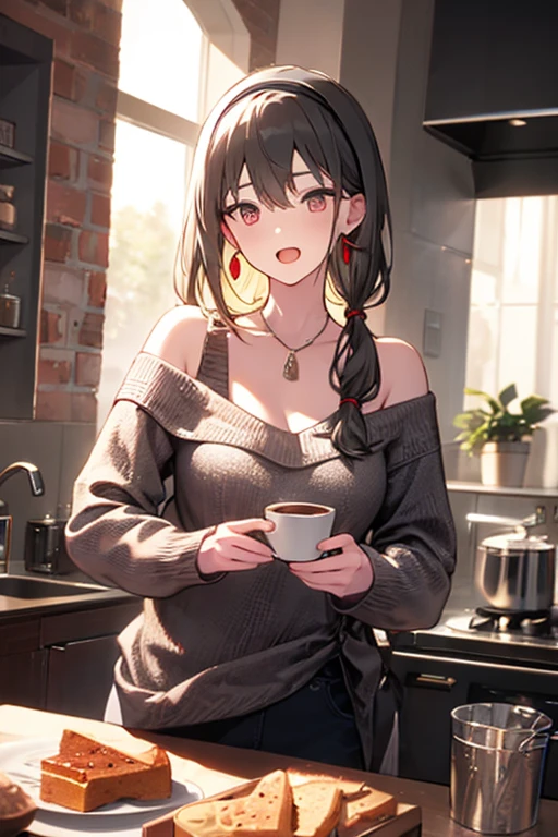 masterpiece, yor, 1girl, Amazing Cleavage:1.3, thin waist, big ass, Raised sexy, medium breast: 1.8 posed cleavage:1.2、solo, looking at viewer, open mouth, have a cup of coffee,black hair, red eyes, dress, bare shoulders, jewelry, collarbone, sidelocks, hairband, earrings, indoors, off shoulder, :o, sweater, arms behind back, plant, short hair with long locks, white hairband, off-shoulder dress, sweater dress, off-shoulder sweater, red sweater, big side hair, very long side hair,is rendered in (masterpiece: 1.2, best quality), with (ultra high resolution) and an exquisite (depth of field). This masterpiece is not only visually stunning but also tells, make of cake cooking ,in the kitchen
