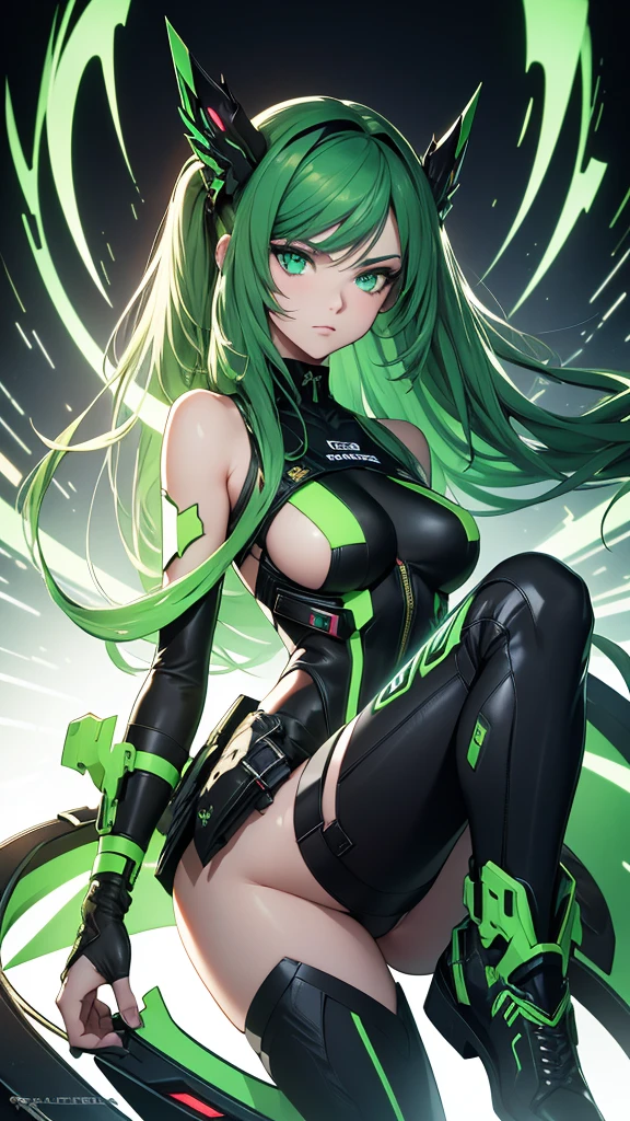 masterpiece, highest quality, (solo focus), (perfect face:1.1), (full body), (high detail:1.1), (hyper detailed eyes), dramatic, a woman with paleskin and long dark green hair, green eyes, solo, arrogant expression, neon cyberneticoutfit, boots, white background, art by artgerm, cinematic lighting, fashion, BalenciagaStyle