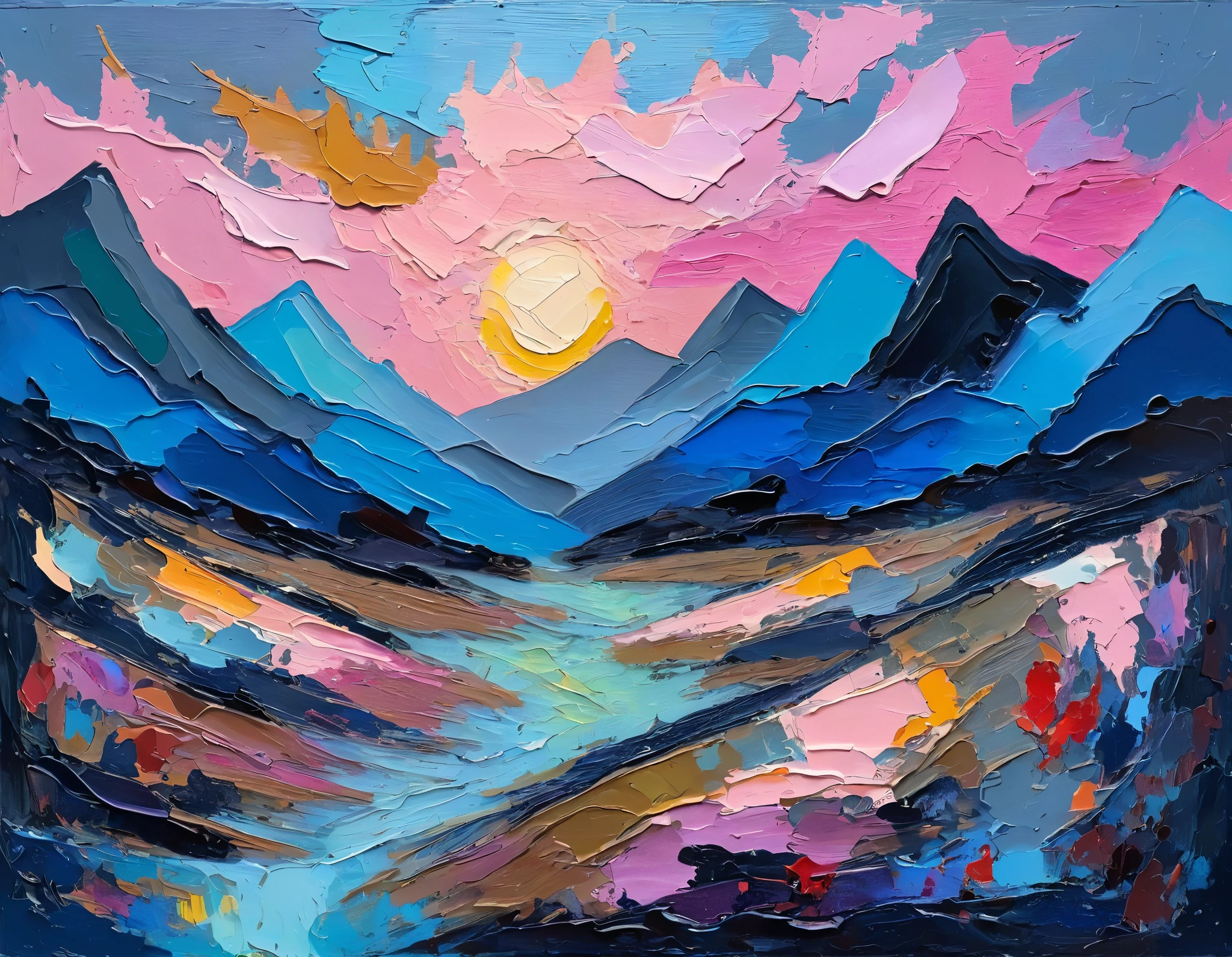 a thick textured oil painting, impasto brushstrokes, dry brushing,revealing underlayers, abstract landscape, moody lighting, dramatic shadows, muted earthy colors, vibrant colors, highly detailed, masterpiece, using a palette of light pink, muted blue, dark grayish blue, bright blue, very dark gray, and light grayish blue
