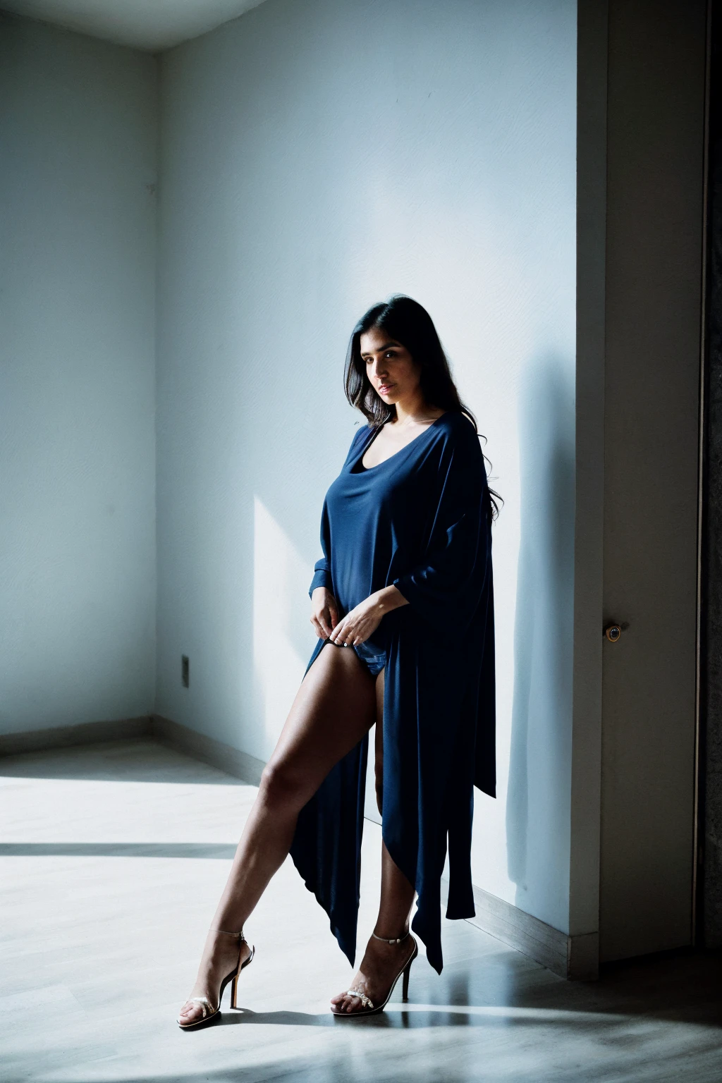 RAW photo,dark,moody,hazy atmosphere,35mm focal lenght,underexposed,cold,candid photograph,artistic,full body,photo of a beautiful,high-society,rich,elegant,30yo Iranian woman,detailed skin,naked,Kaftan, looking at viewer, thick body structure,grey background,no background, candid pose,dim room,blue light, film grain, kodak color, instagram LUT