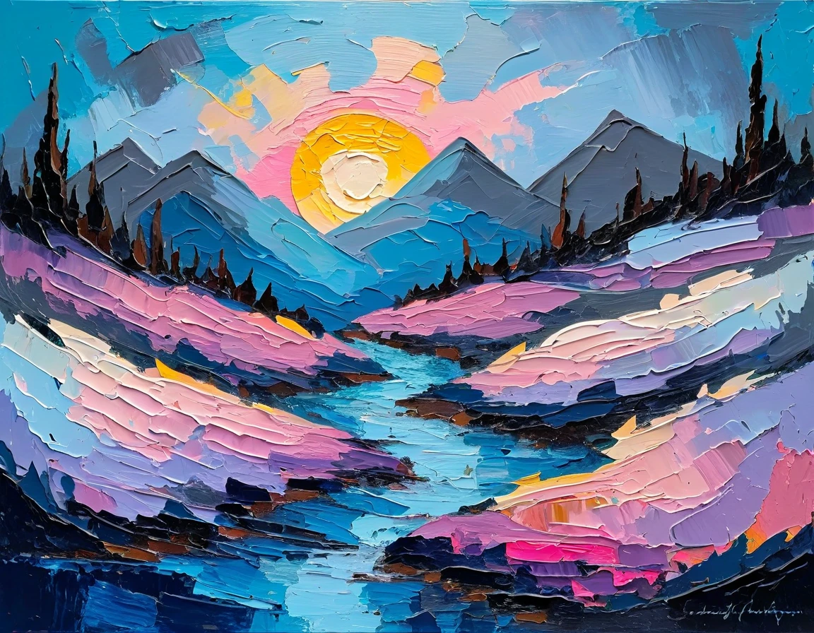 a thick textured oil painting, impasto brushstrokes, dry brushing,revealing underlayers, abstract landscape, moody lighting, dramatic shadows, muted earthy colors, vibrant colors, highly detailed, masterpiece, using a palette of light pink, muted blue, dark grayish blue, bright blue, very dark gray, and light grayish blue
