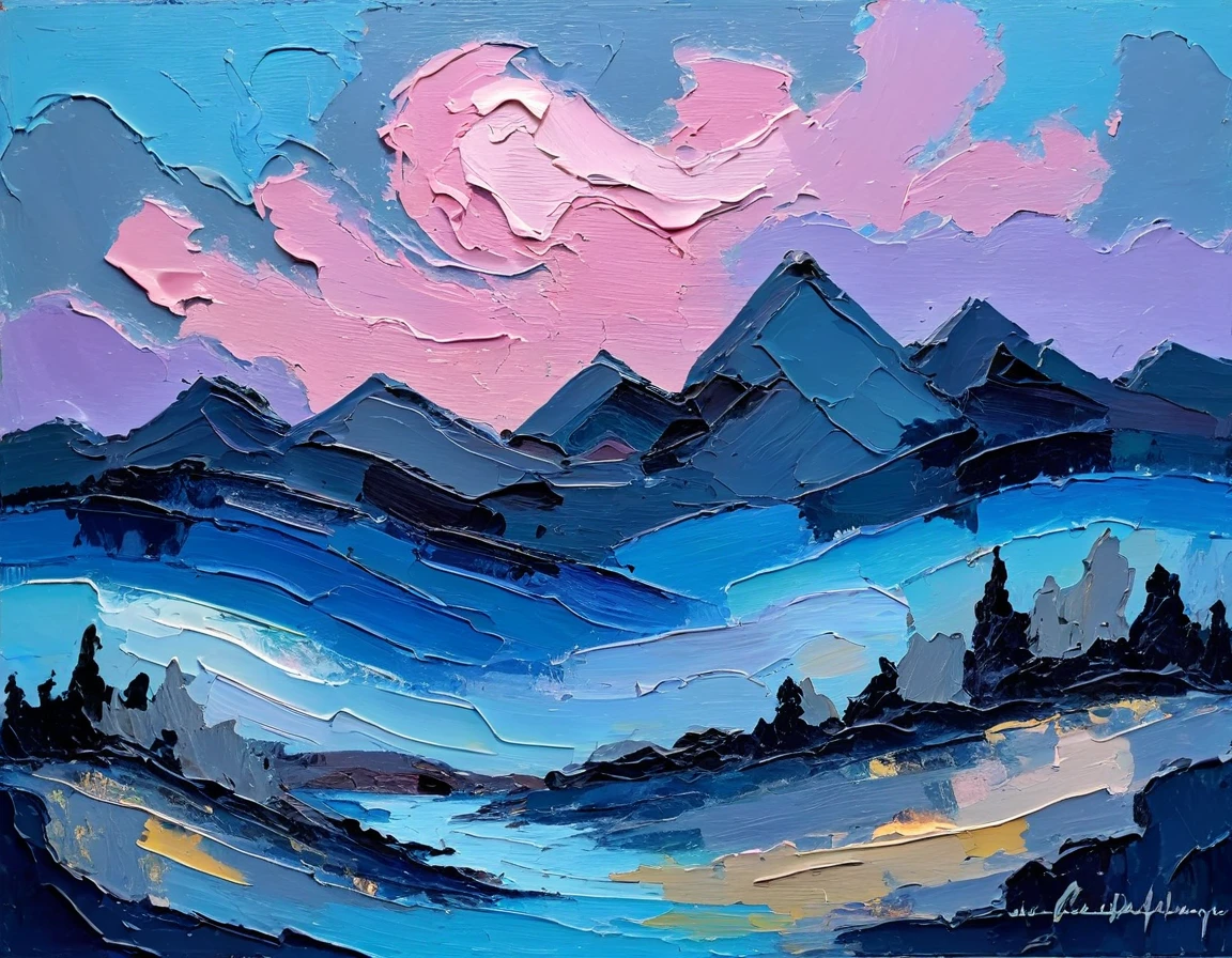 a thick textured oil painting, impasto brushstrokes, dry brushing,revealing underlayers, abstract landscape, moody lighting, dramatic shadows, muted earthy colors, vibrant colors, highly detailed, masterpiece, using a palette of light pink, muted blue, dark grayish blue, bright blue, very dark gray, and light grayish blue
