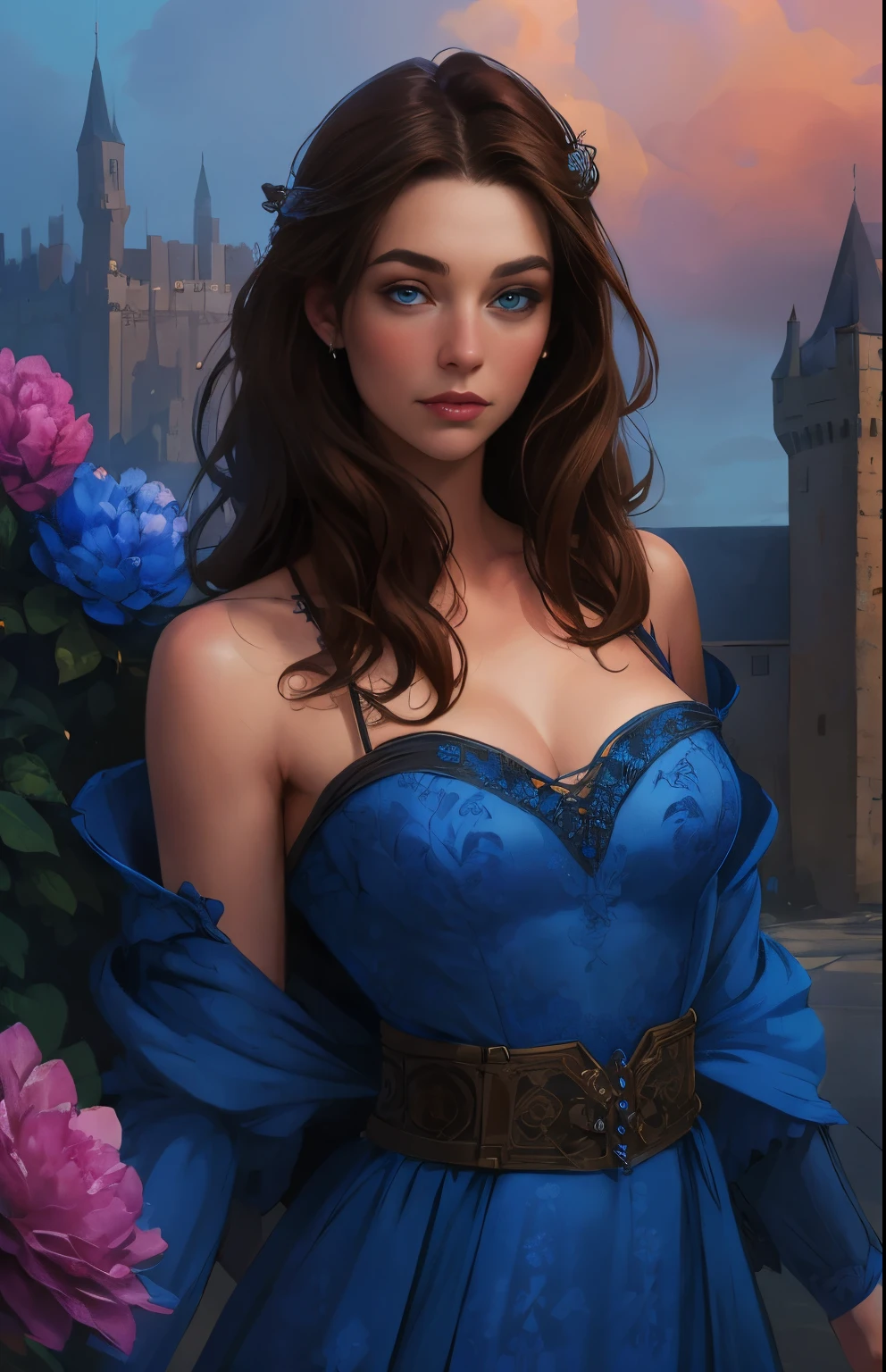 NSFW dark fantasy, girl, charming, with brown hair, blue eyes, in a blue dress, open shoulders, patterns on fabric, castle, flowers, peonies.