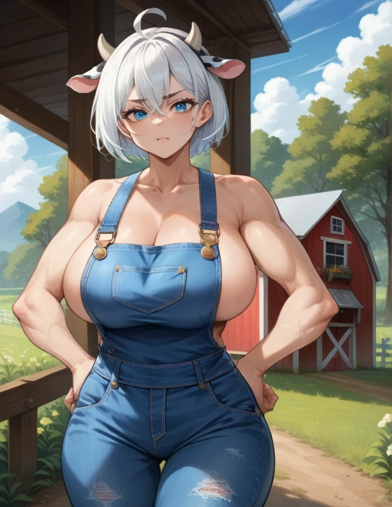 score_9, score_8_up, score_7_up, source_anime,
cowgirl, cow girl, ahoge, white hair, ice blue eyes, short hair, contempt look on face,
cleavage, collarbone, frills, overalls, suspenders ,large breasts, wide hips, milf,
outdoors, farm, cows, in a barn
looking down at viewer, cowboy shot, hands on hips, dynamic pose, cow ears, cow horns, no human ears, no shirt, skimpy clothes, tall, muscular, bulky, milk, only one set of ears, cow ears,