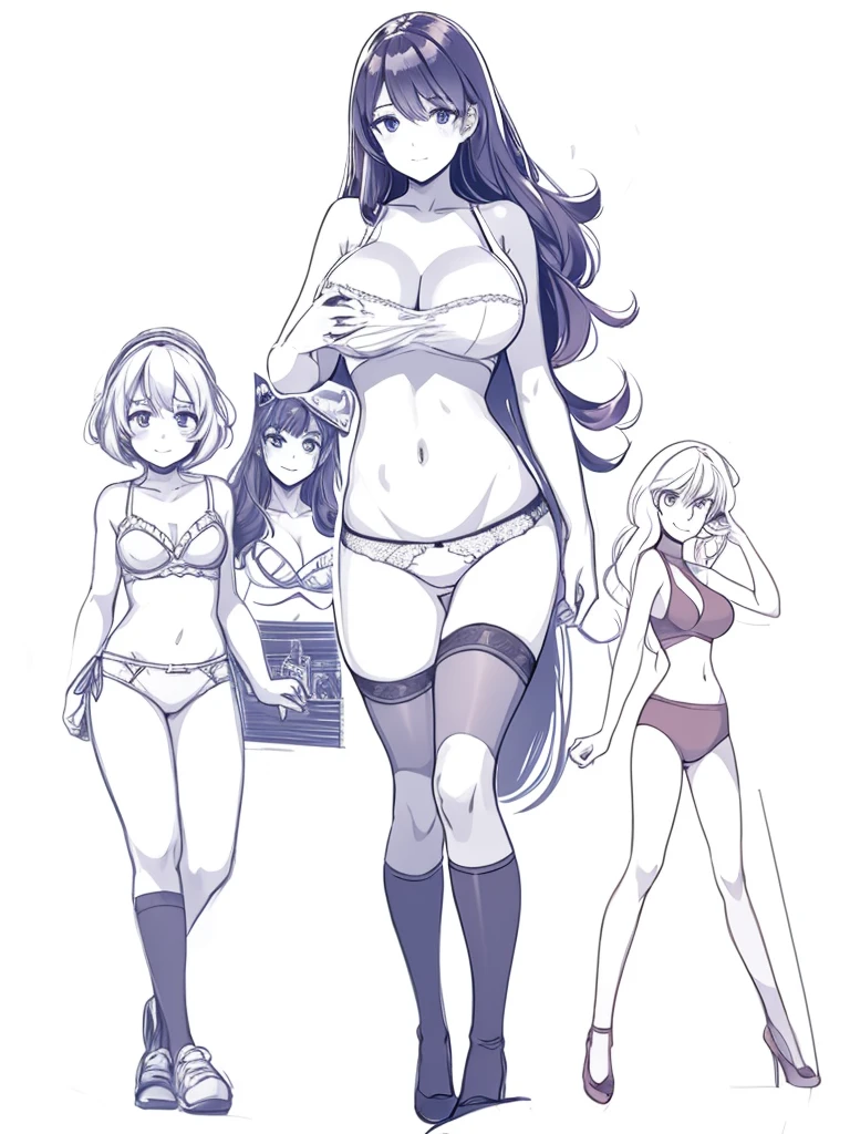 a few cartoon images of the same female character that i'm not sure what this is, a young girl touching her stomach and her breasts, a collection of sketches of several women, two pages show a woman in underwear next to another girl wearing a thongy panties