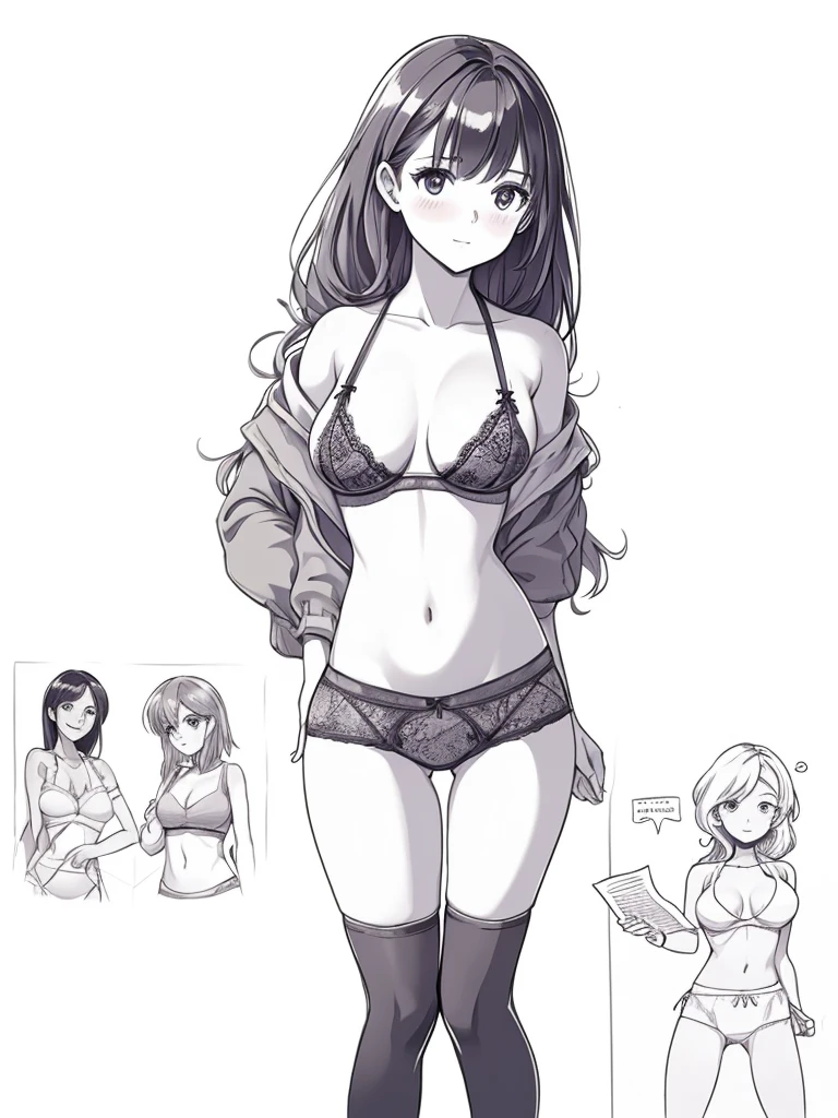a few cartoon images of the same female character that i'm not sure what this is, a young girl touching her stomach and her breasts, a collection of sketches of several women, two pages show a woman in underwear next to another girl wearing a thongy panties