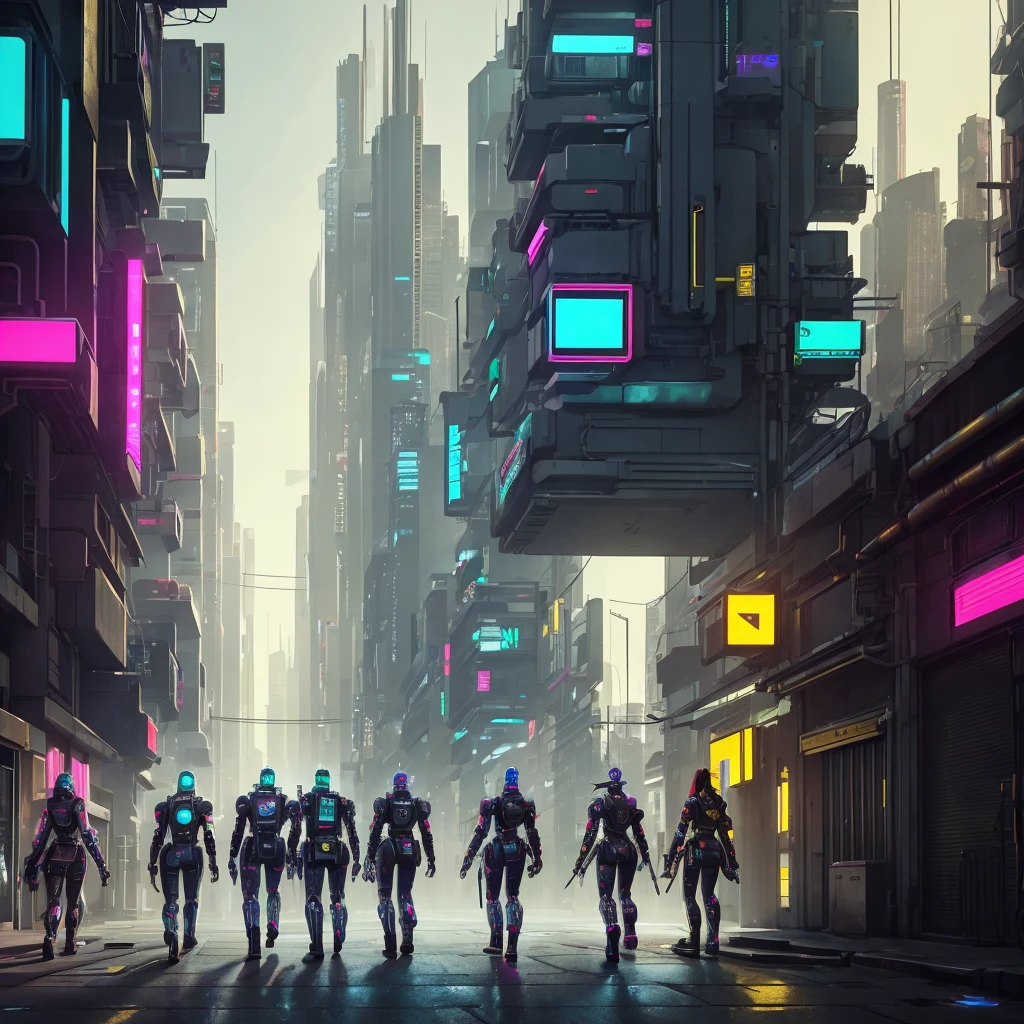 a group of cyberpunk robots walking down the street to vote holding a tablet, in the distance you can see reward chests, yellow colors