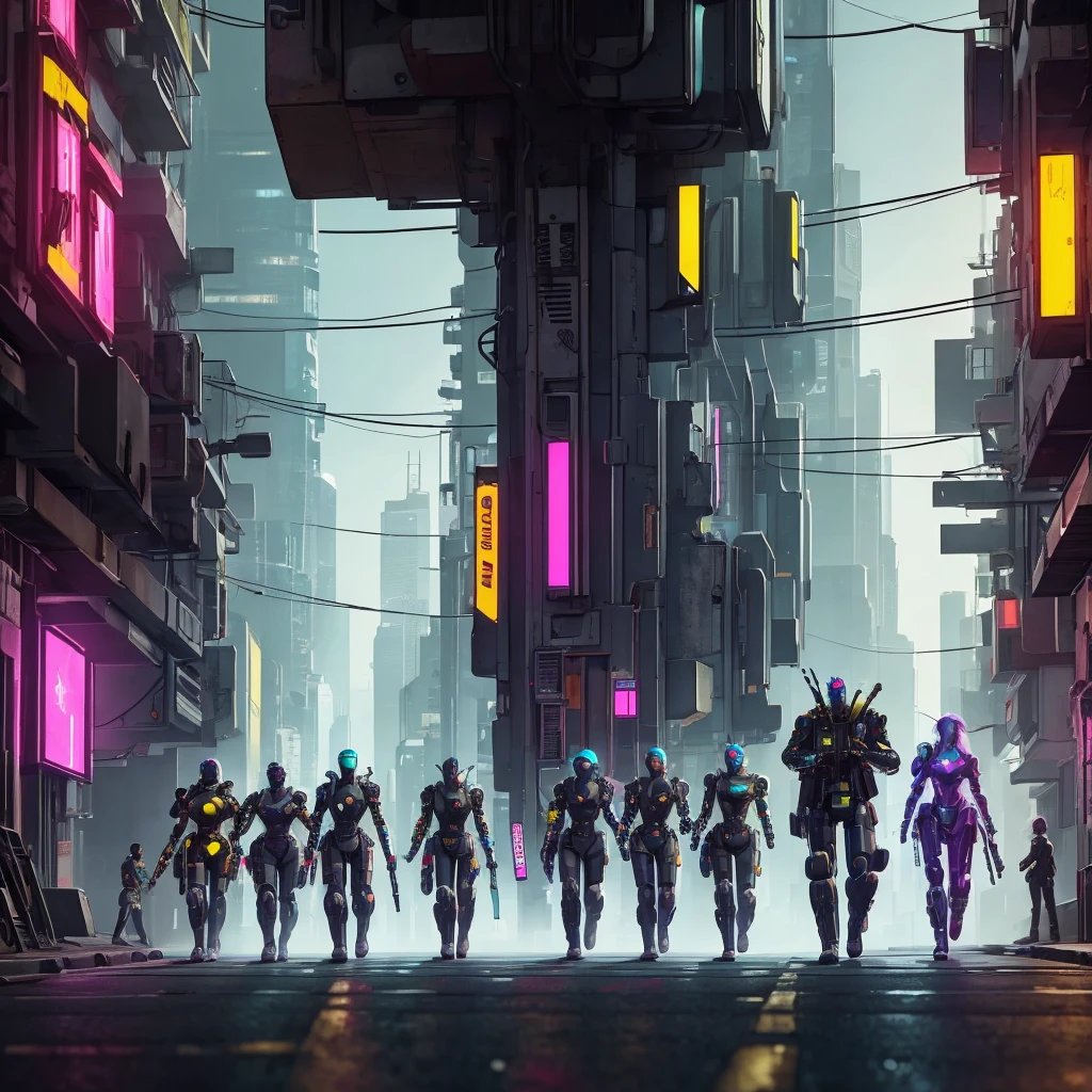 a group of cyberpunk robots walking down the street to vote holding a tablet, in the distance you can see reward chests, yellow colors