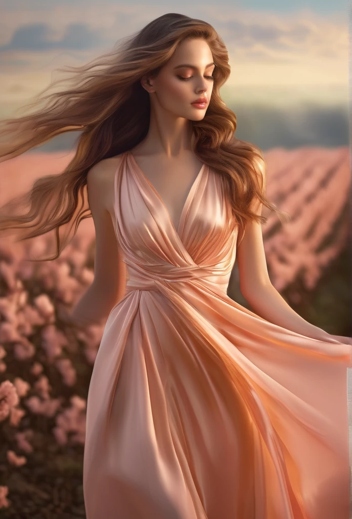 a detailed and elegant silk dress, peach nectar, soft light, serene, high-quality, photorealistic, intricate folds, shimmering texture, delicate skin, beautiful girl, long hair, detailed eyes, refined beauty, natural lighting, glowing complexion, cinematic composition, warm tones, masterpiece